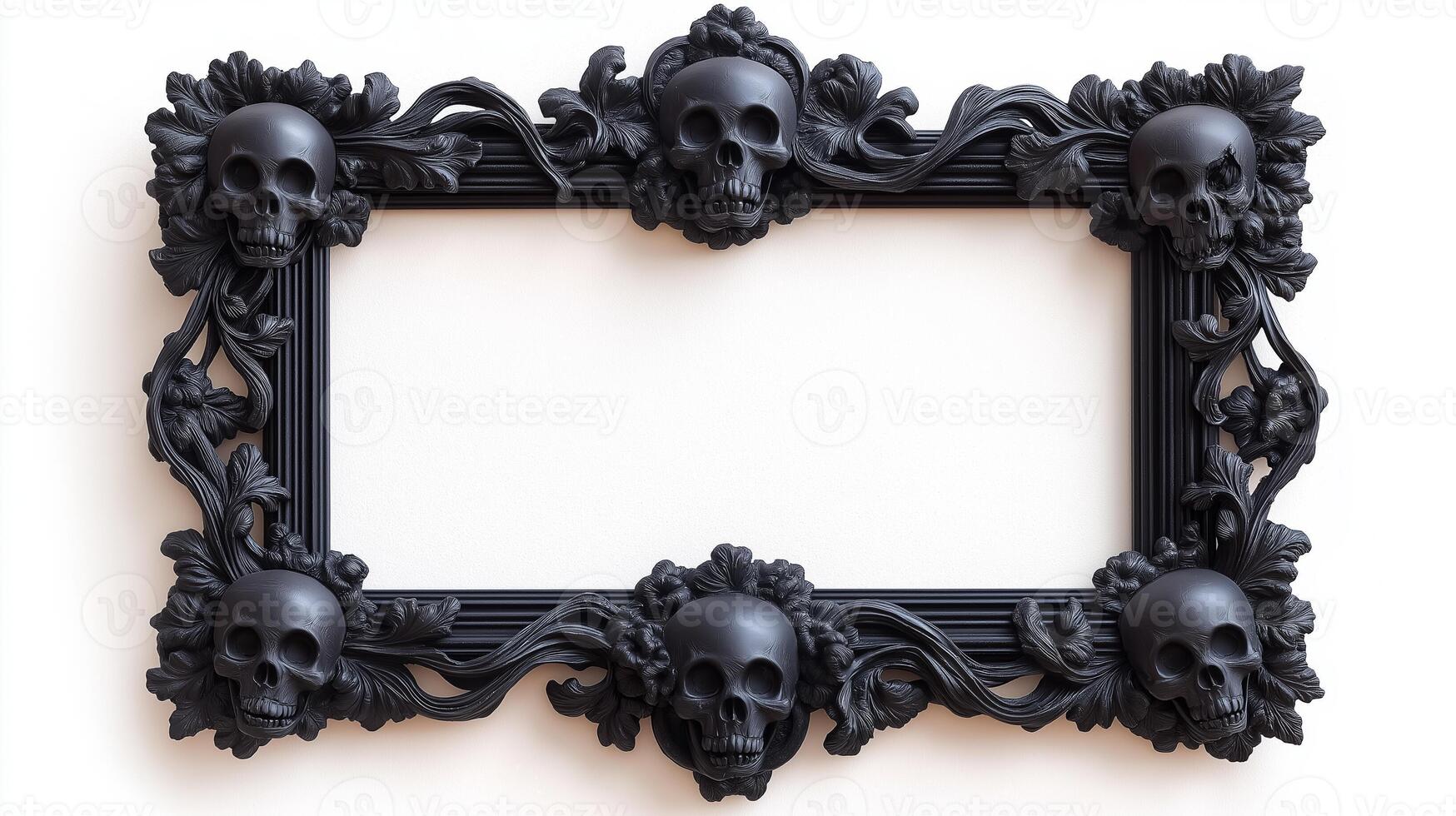 Top down shot of a vintage Halloween picture frame with intricate dark carvings of pumpkins and skulls surrounded by twisted vines isolated on a white background photo