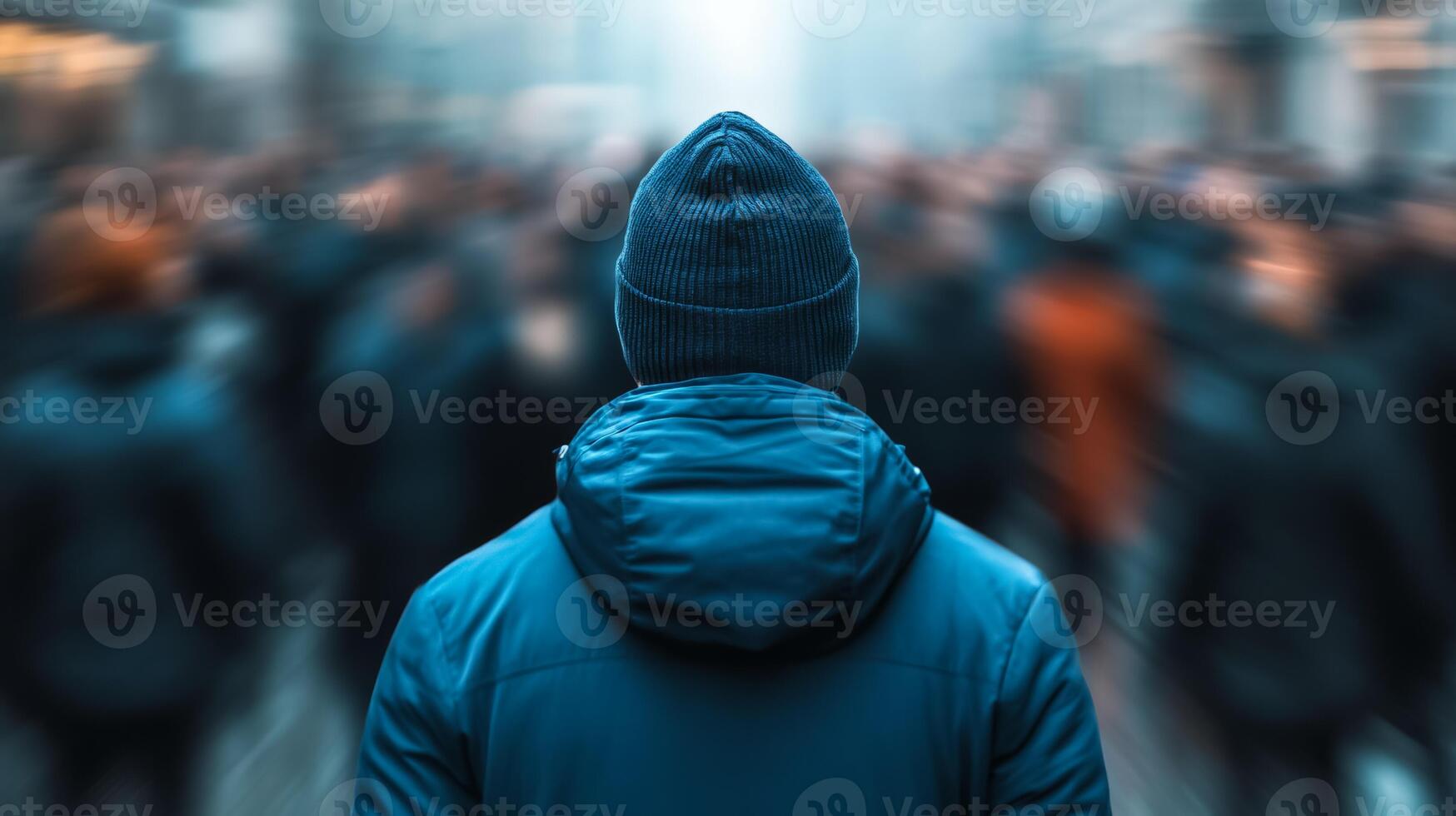 Rear view of a person trying to escape a dense crowd their body language tense and fearful crowd blurred for a sense of urgency photo