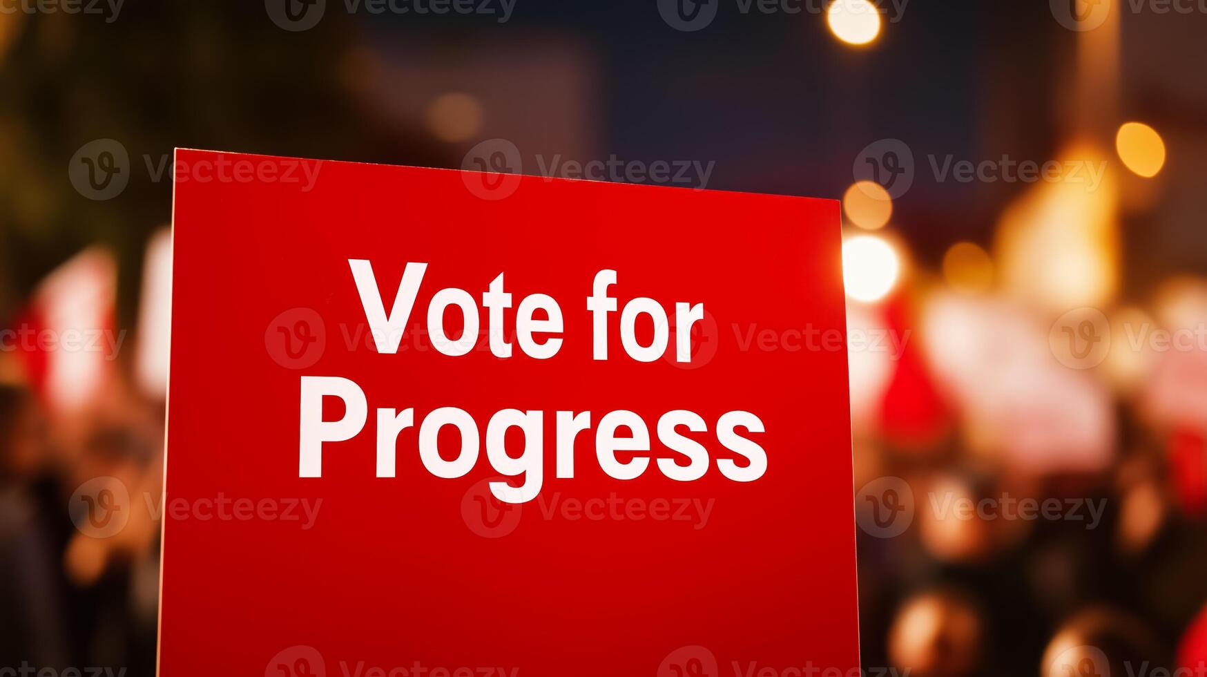 Vote for Progress in sleek modern font on a blurred background of a crowded rally warm tones with a focused glow around the text photo