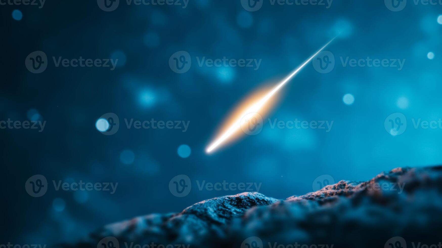 closeup of a single bright meteor streaking across the sky long exposure deep blue night sky with faint stars motion blur effect photo