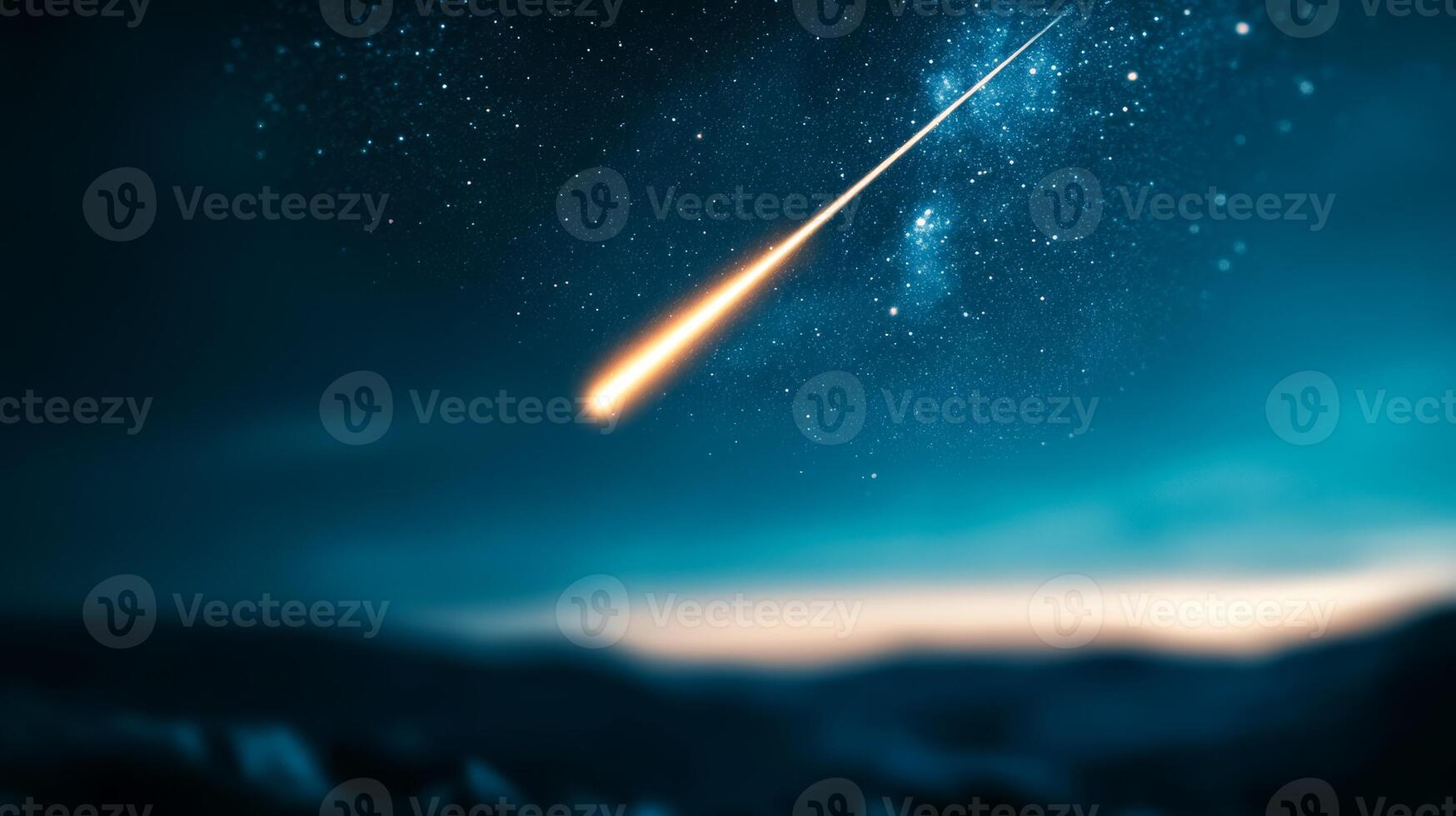 closeup of a single bright meteor streaking across the sky long exposure deep blue night sky with faint stars motion blur effect photo