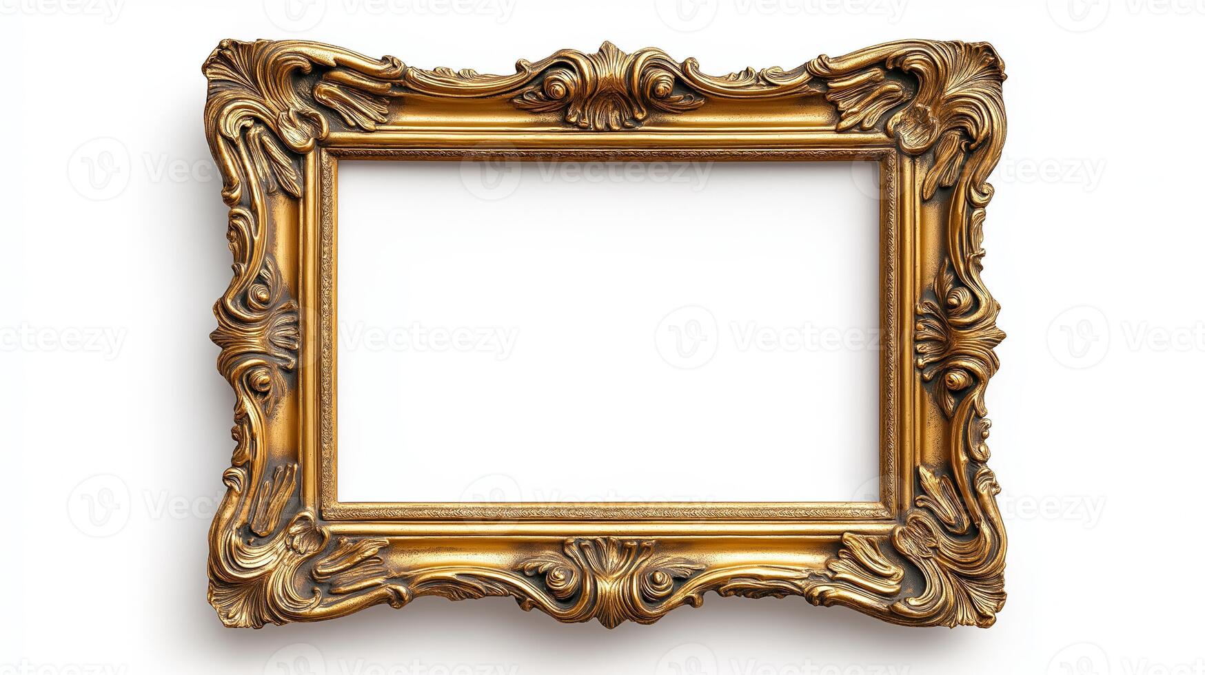 Wide angle shot of a grand baroque style picture frame with lavish gold ornamentation including cherubs and scrolls isolated on a white background with a subtle drop shadow photo