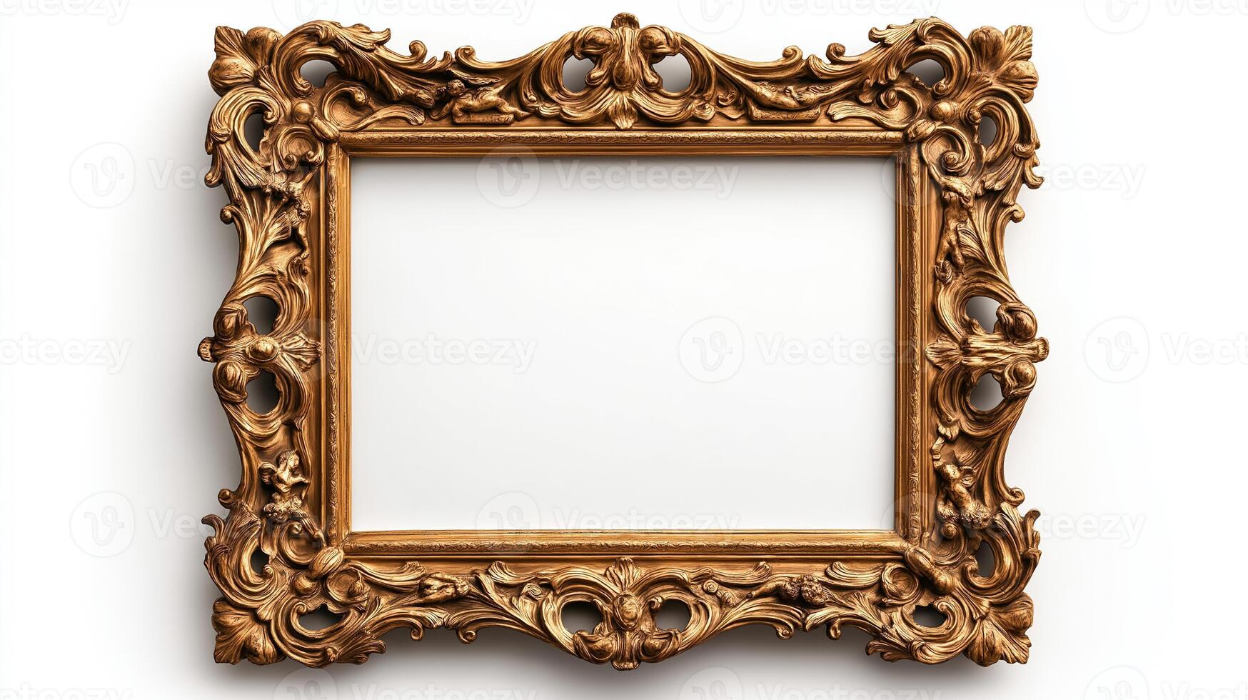 Wide angle shot of a grand baroque style picture frame with lavish gold ornamentation including cherubs and scrolls isolated on a white background with a subtle drop shadow photo