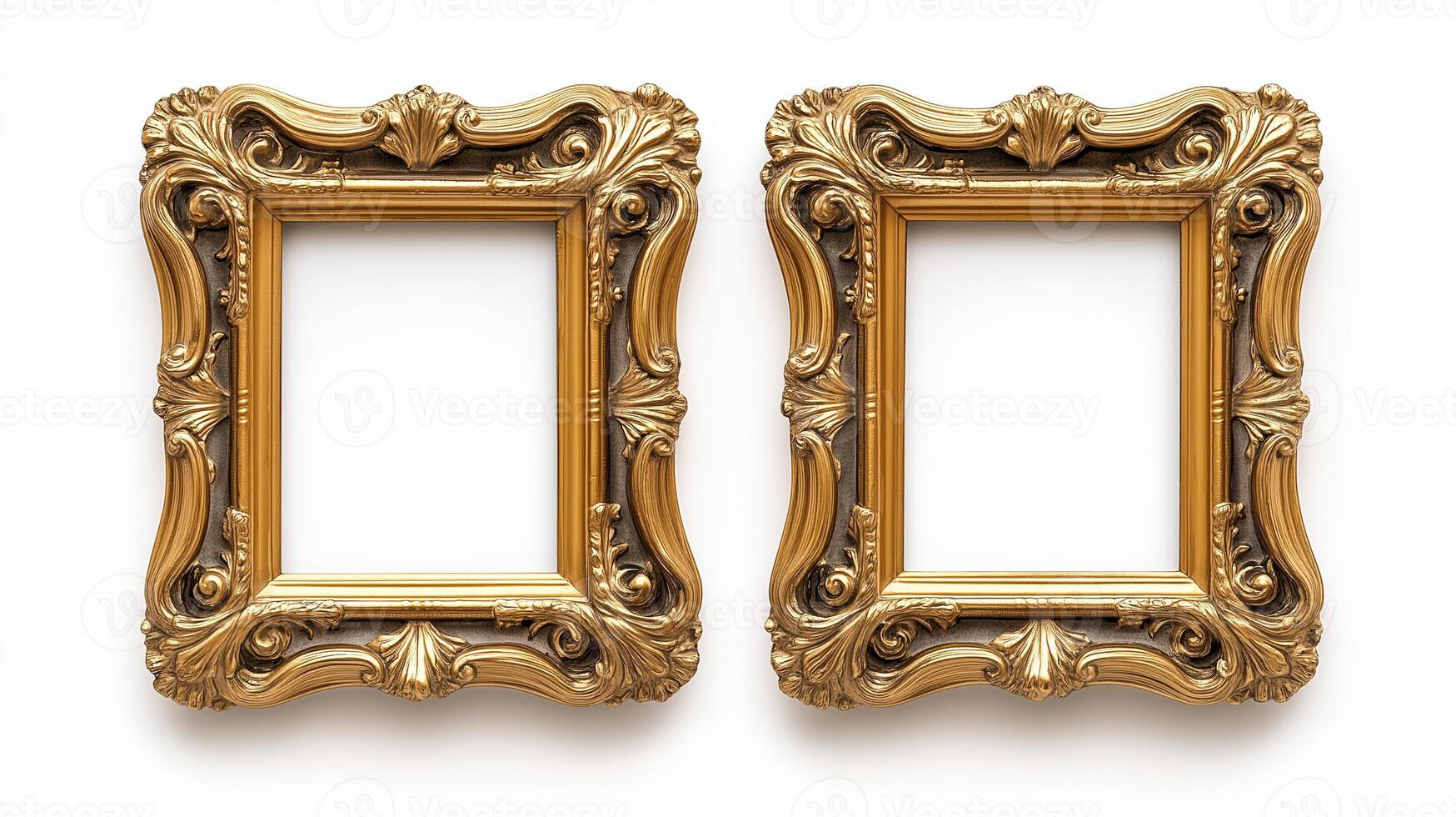 Wide angle shot of a pair of matching ornate picture frames with baroque style gold detailing isolated on a white background positioned side by side photo