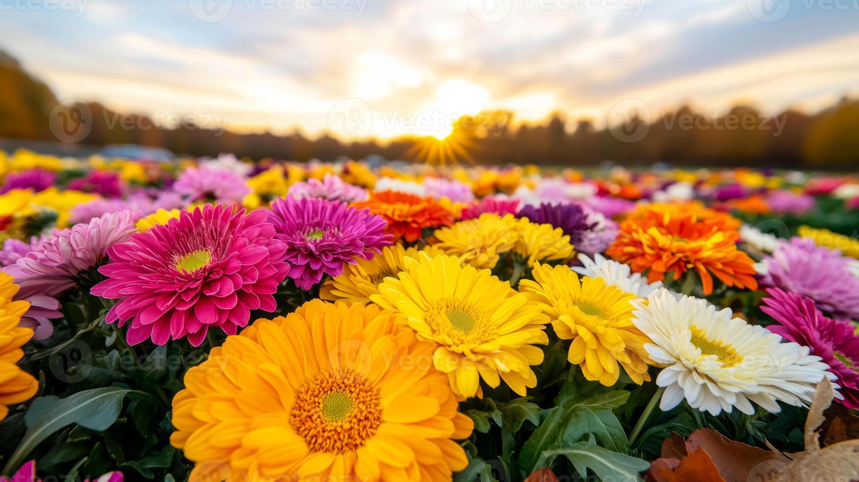 Wide angle shot of a vibrant autumn flower bed with a mix of marigolds chrysanthemums and asters surrounded by colorful fallen leaves under a golden sunset photo