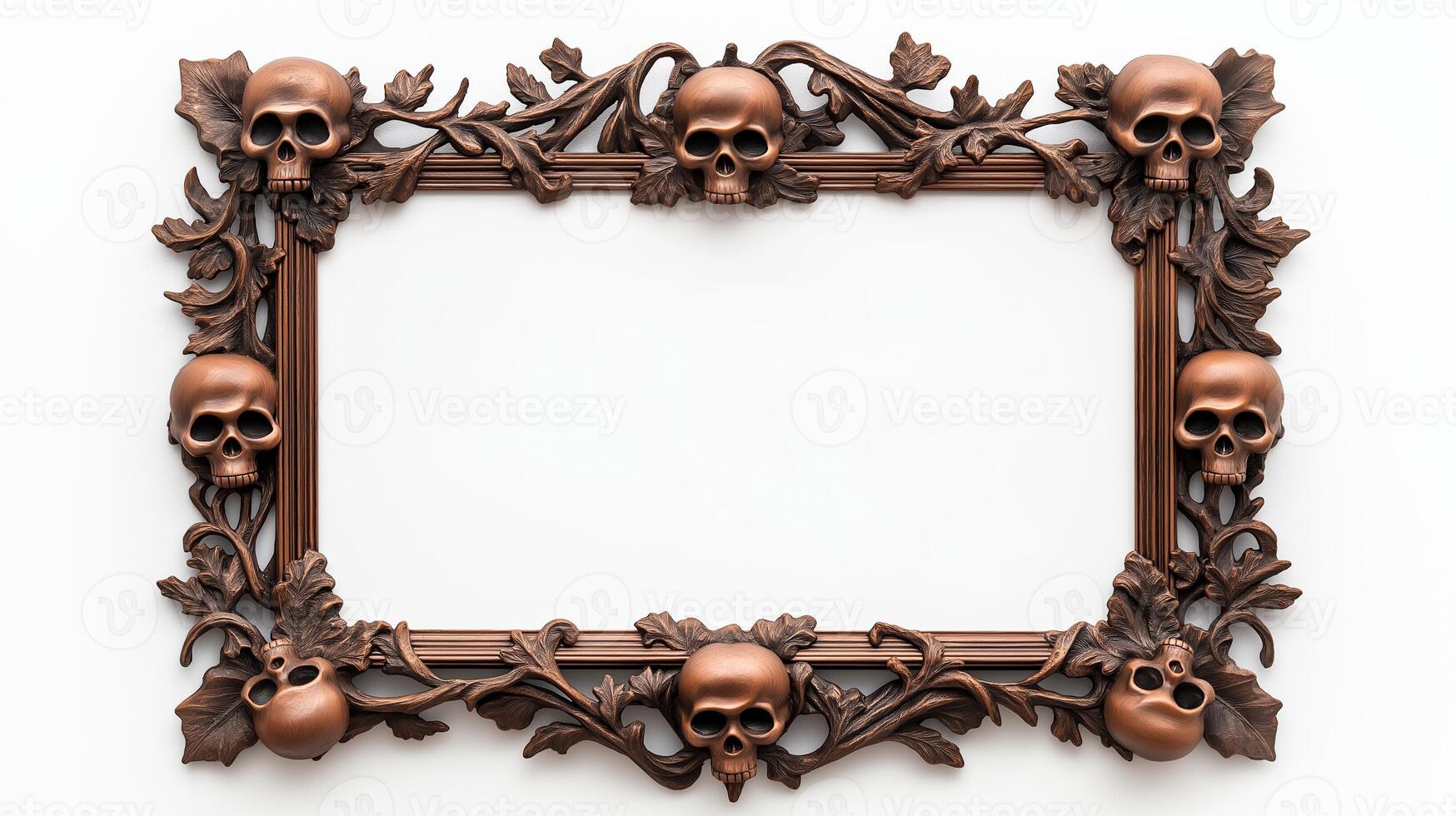 Top down shot of a vintage Halloween picture frame with intricate dark carvings of pumpkins and skulls surrounded by twisted vines isolated on a white background photo