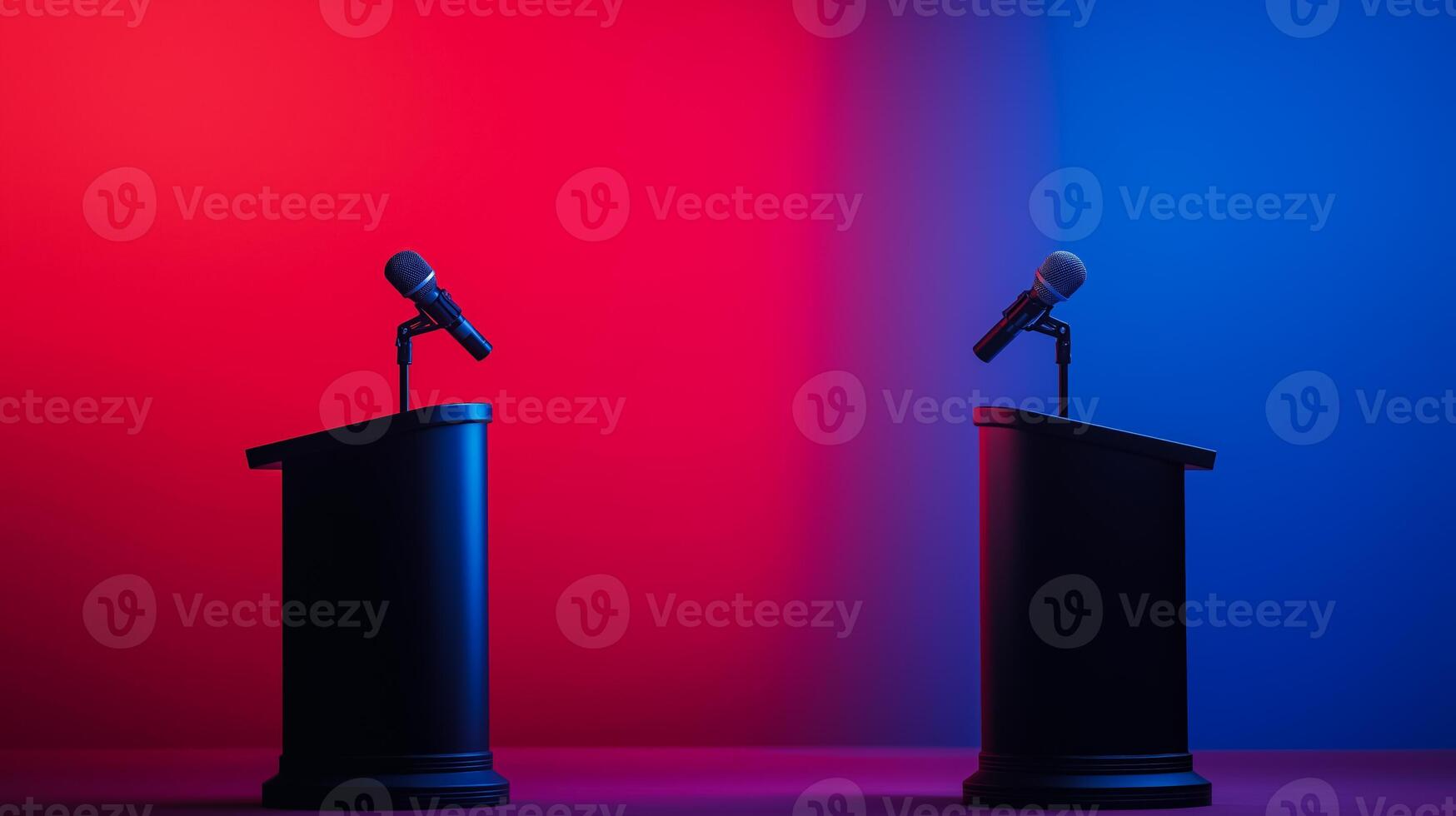 Two podiums with microphones facing each other gradient background transitioning from deep red to dark blue side view ample space for text photo