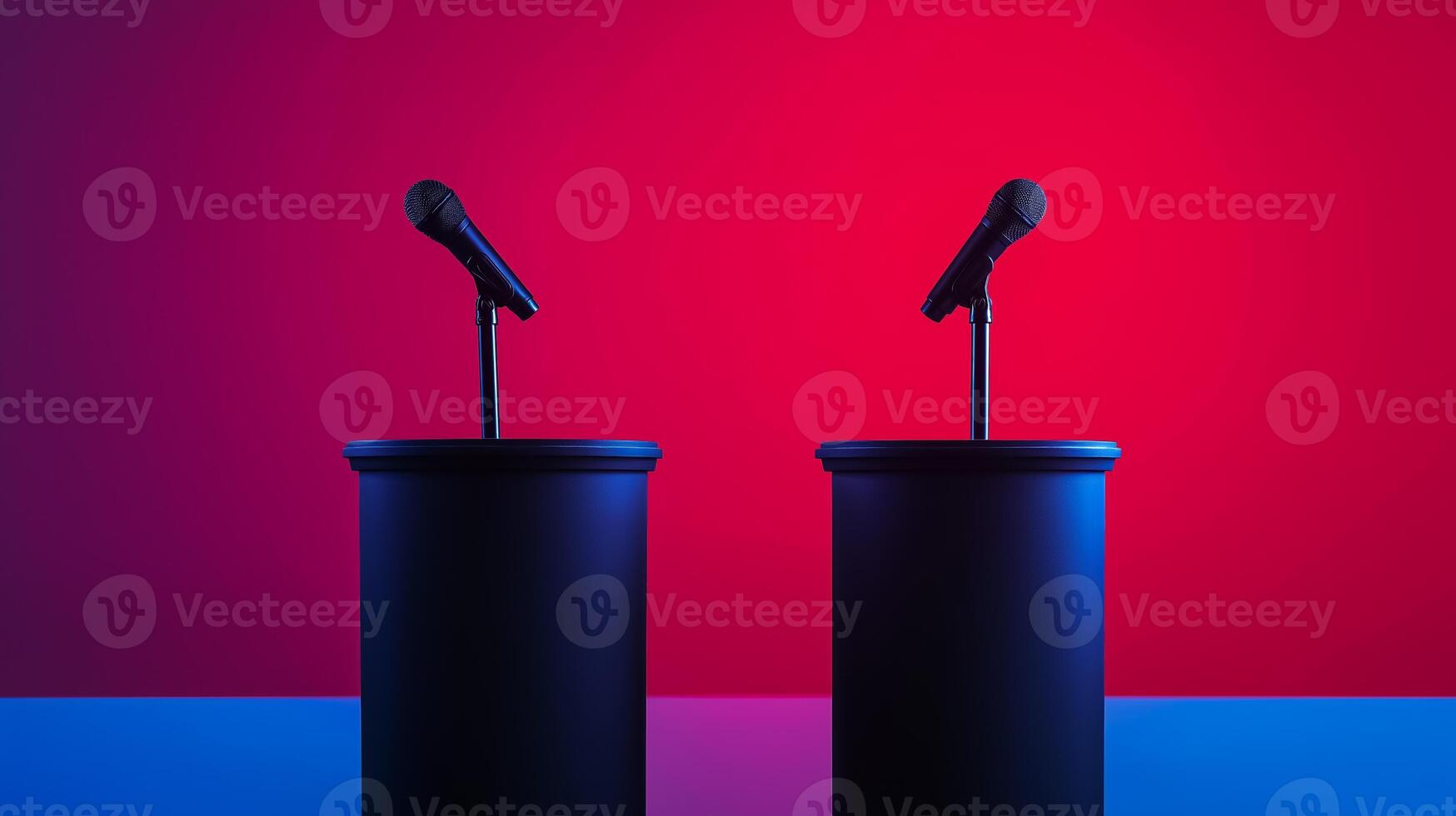 Two podiums with microphones facing each other gradient background transitioning from deep red to dark blue side view ample space for text photo