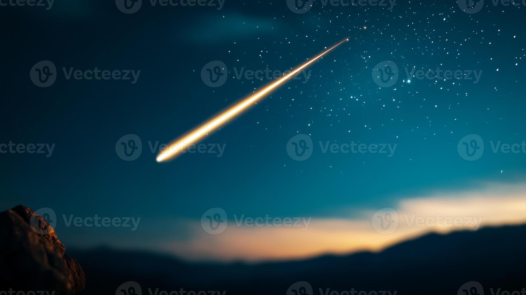 closeup of a single bright meteor streaking across the sky long exposure deep blue night sky with faint stars motion blur effect photo