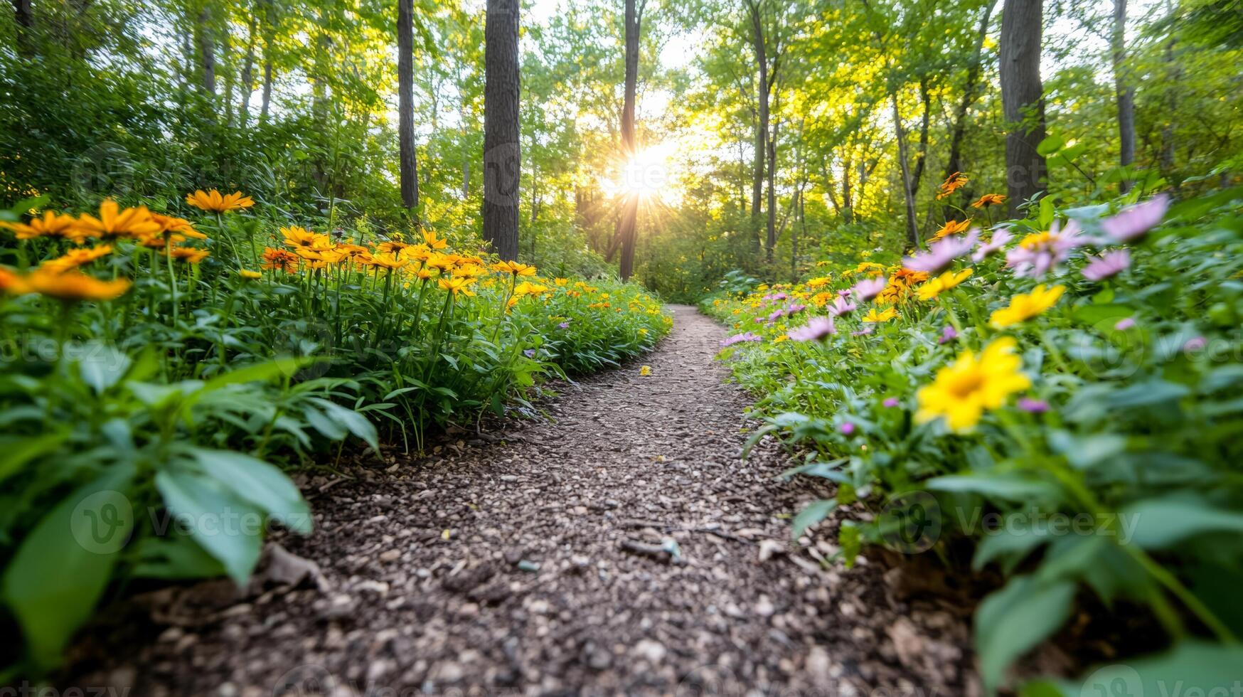 Wide angle shot of a forest path lined with wild autumn flowers like asters and goldenrods with sunlight filtering through the trees casting a warm golden glow photo