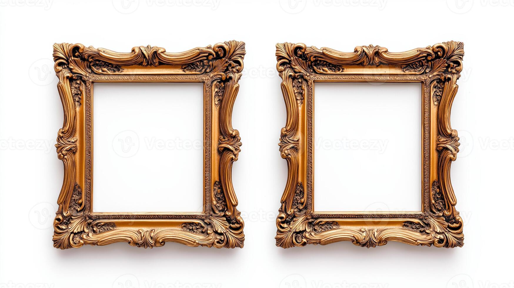 Wide angle shot of a pair of matching ornate picture frames with baroque style gold detailing isolated on a white background positioned side by side photo