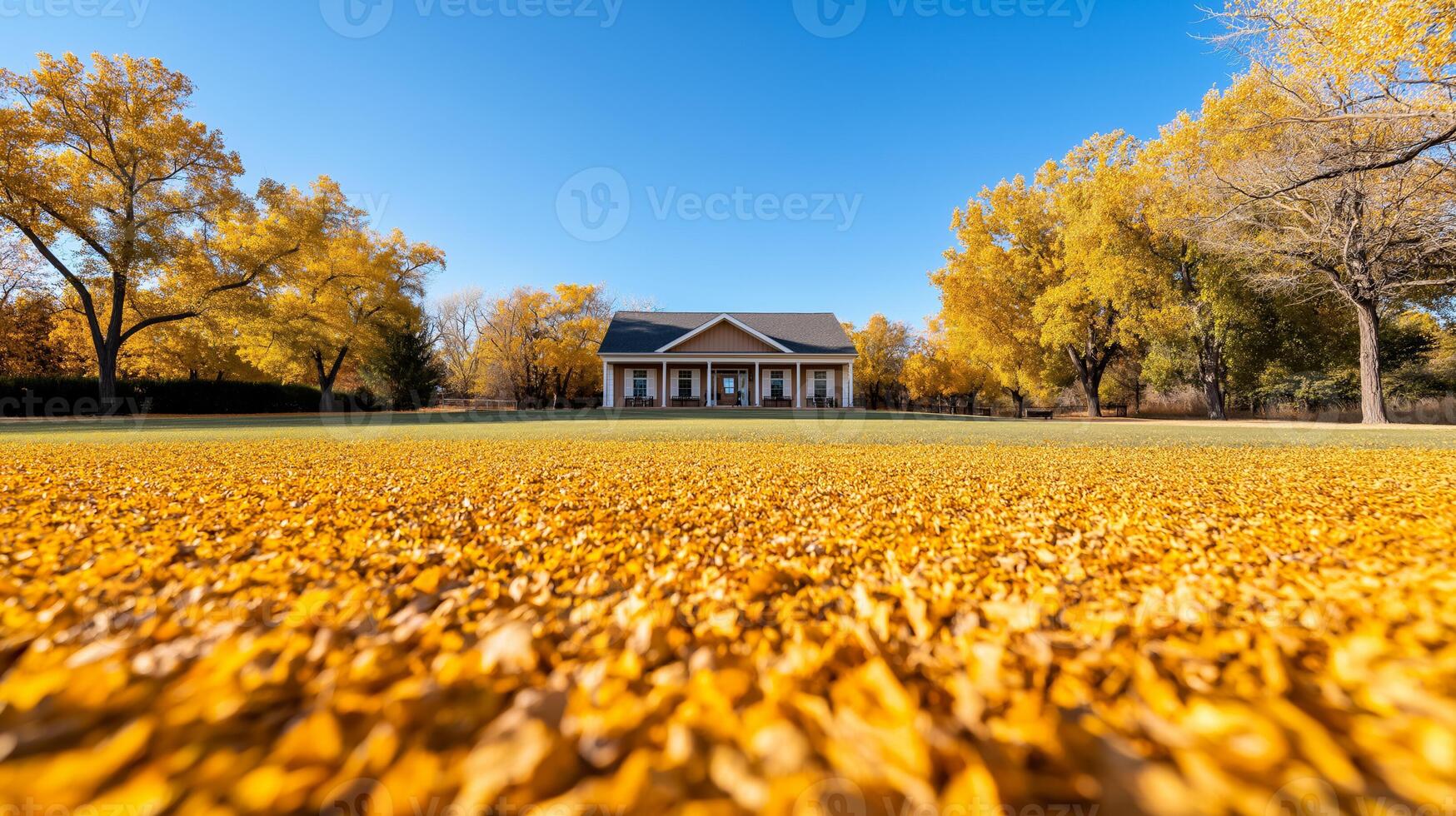 Wide angle shot of a ranch house surrounded by autumn trees with golden leaves scattered on the ground under a clear blue sky photo