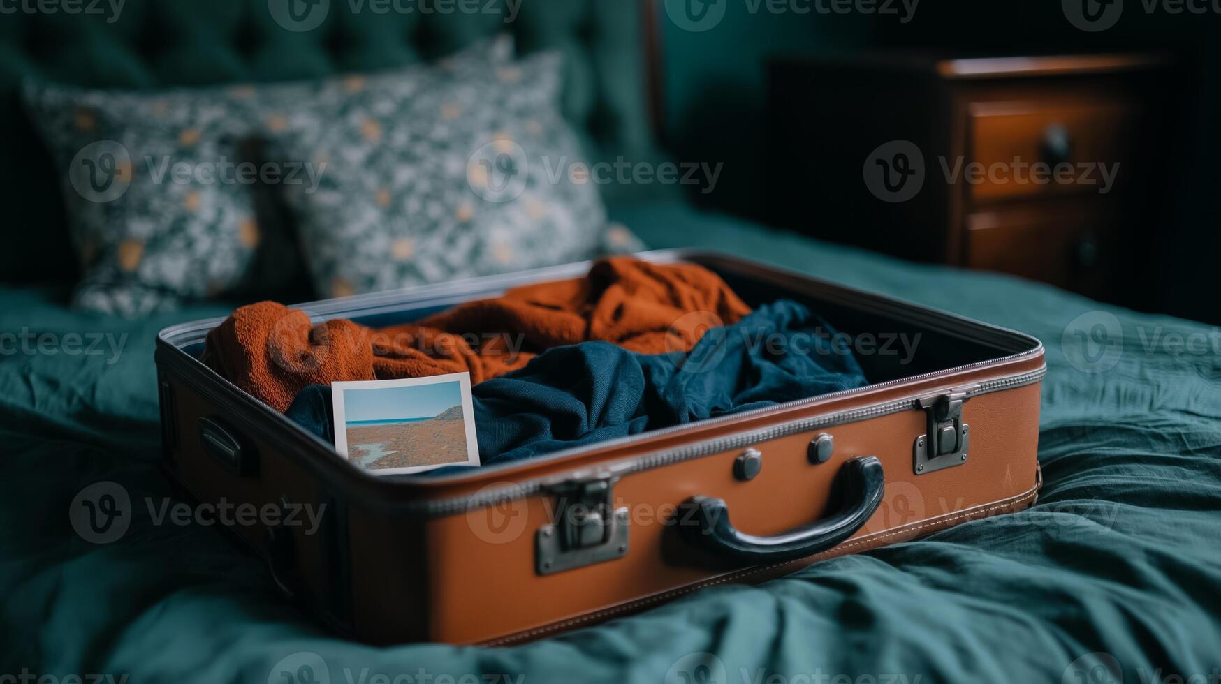 Wide angle shot of a suitcase lying open on a bed half unpacked with crumpled clothes and a faded postcard beside it reflecting the feeling of post vacation blues photo
