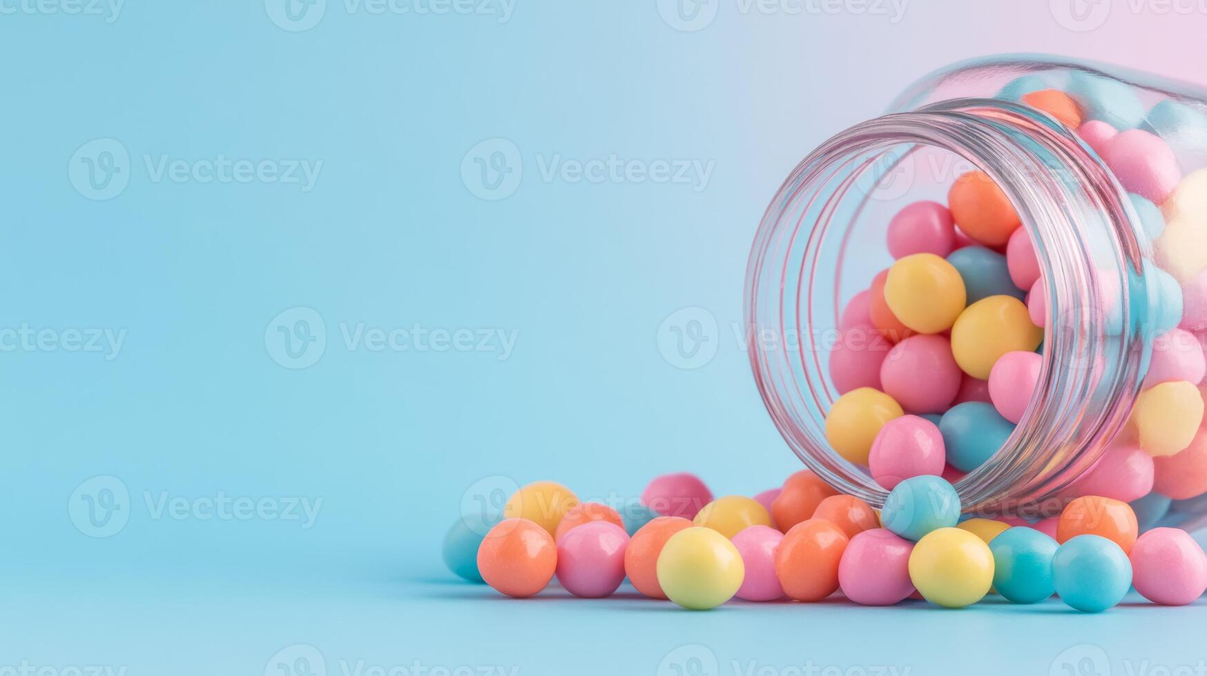 Wide angle shot of colorful bubble gum balls spilling out of a vintage glass jar with a pastel background gradient of blue and pink photo