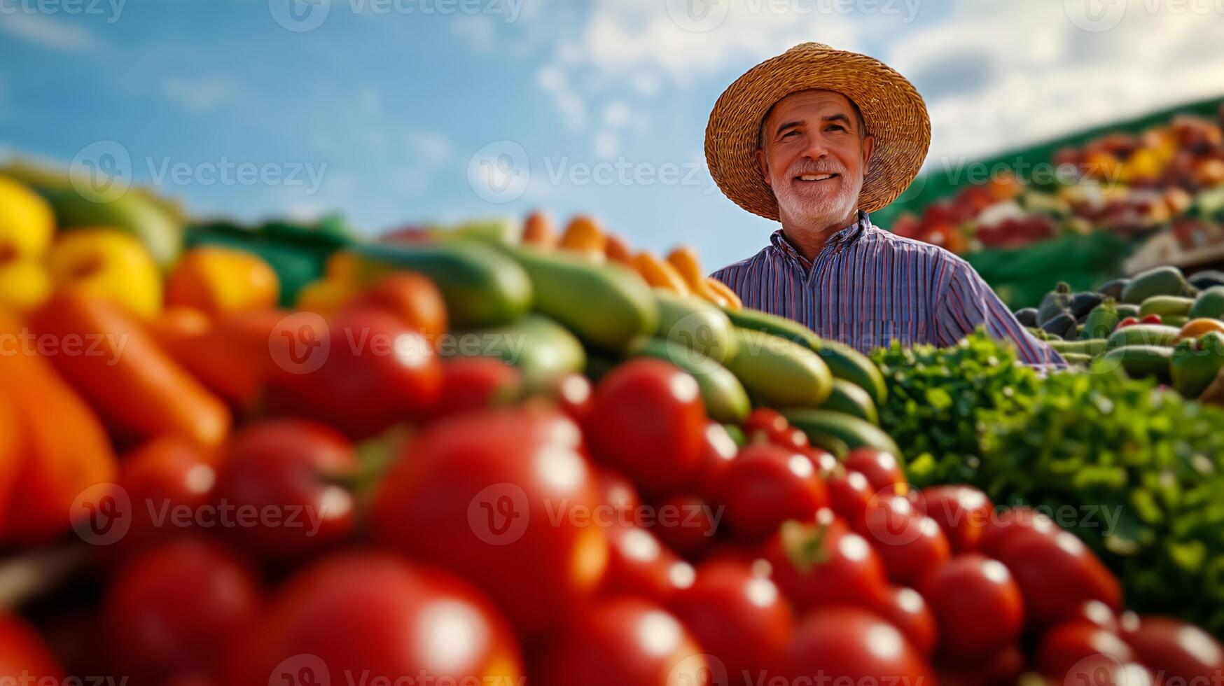 Wide angle view of a joyful farmer with a straw hat greeting customers at an autumn market stall overflowing with seasonal vegetables and fruits warm and vibrant fall atmosphere photo