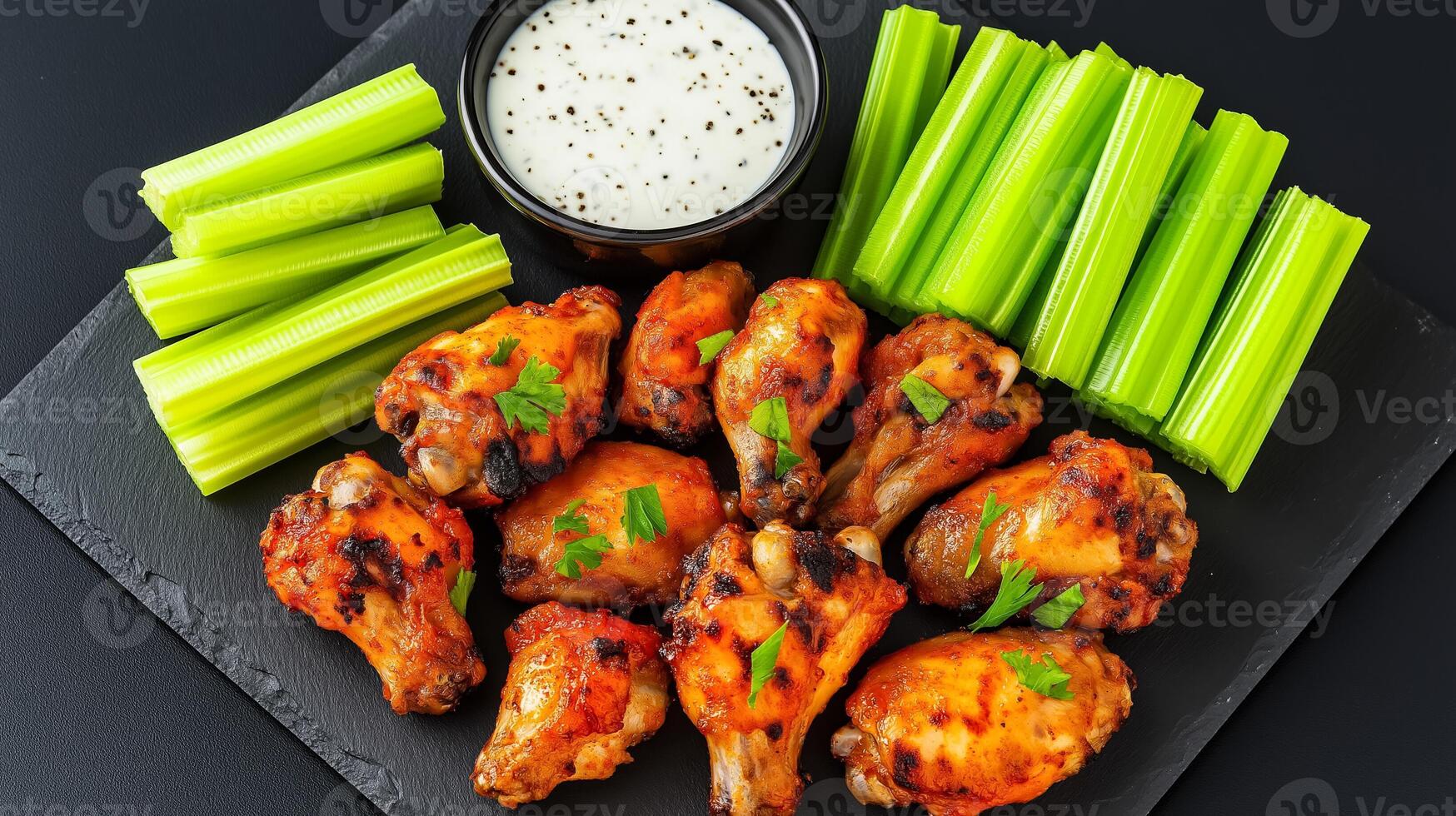 Wide shot of ranch sauce being served alongside grilled chicken wings and crunchy celery sticks set on a dark slate plate photo