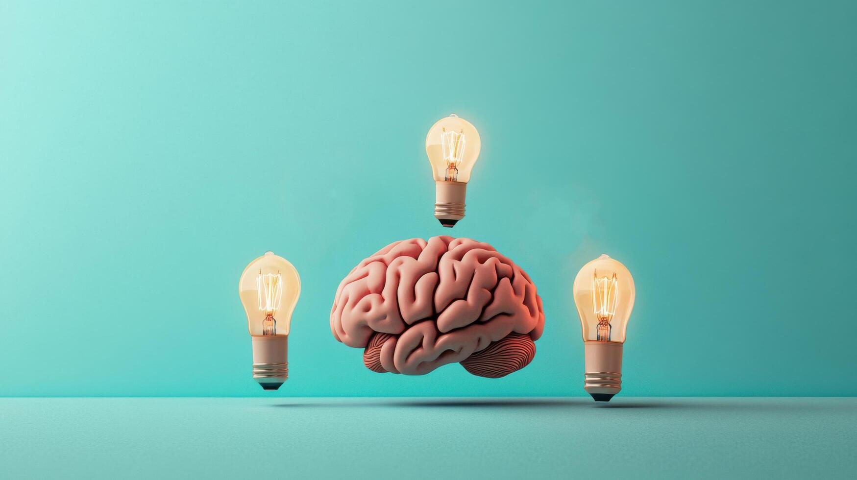 Creative Concept of Brain and Light Bulbs Representing Ideas and Innovation on a Teal Background photo