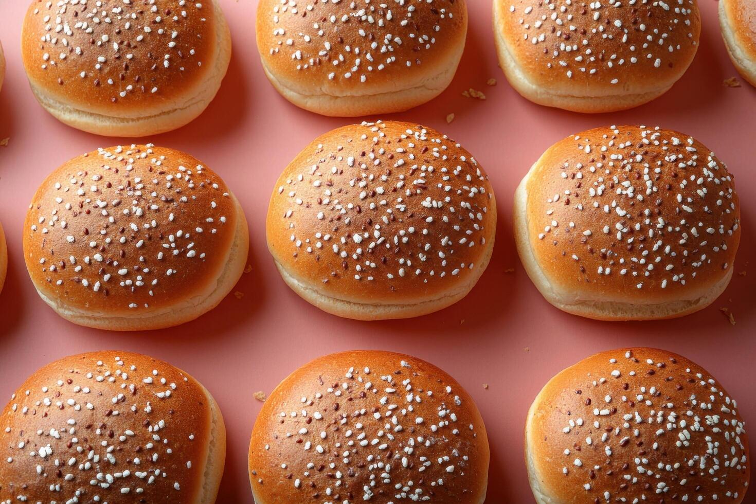 Freshly Baked Sesame Seed Hamburger Buns Arranged in Rows on a Pink Background photo