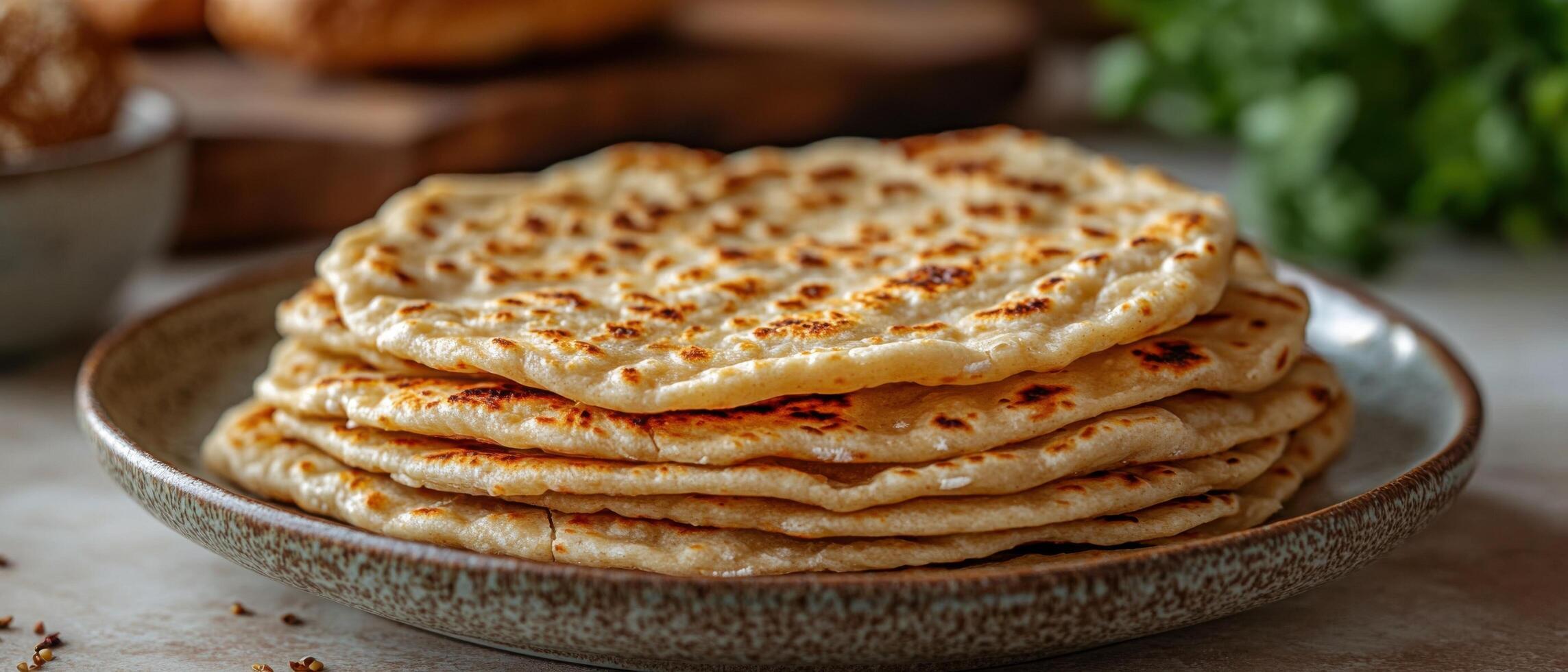 Freshly Cooked Homemade Flatbreads on a Rustic Plate in a Cozy Kitchen Setting photo