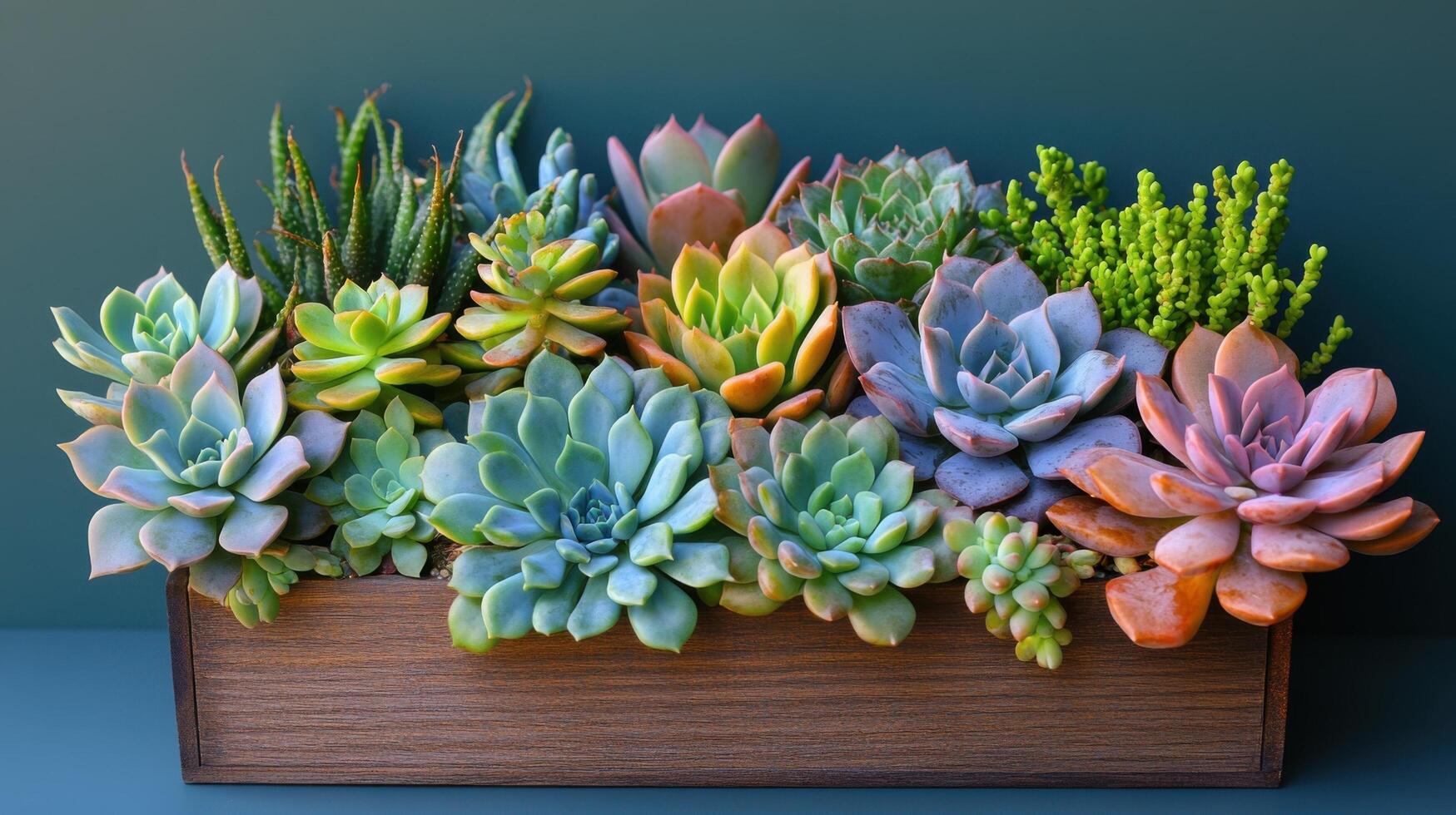 Colorful Succulent Arrangement in Wooden Planter Against Green Background photo