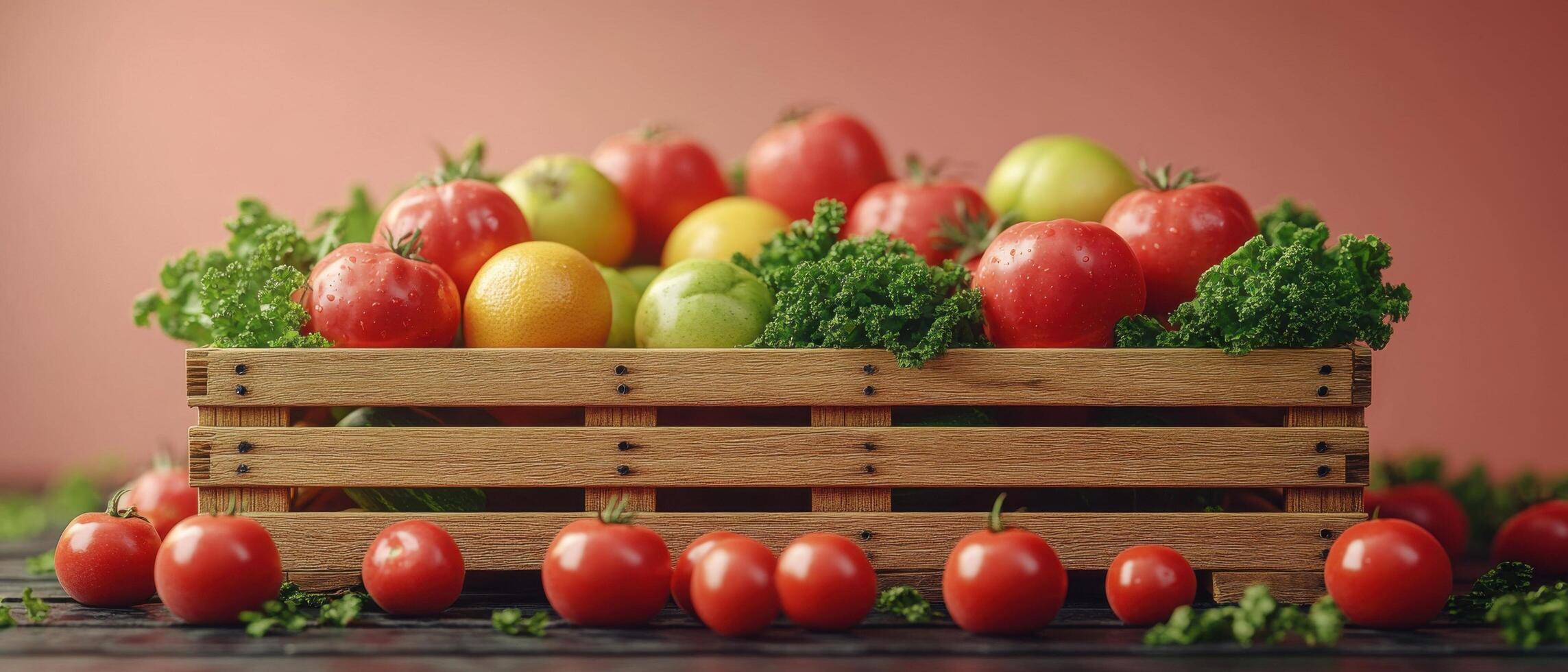 Fresh Organic Vegetables and Fruits in Wooden Crate on Rustic Table with Red Background photo