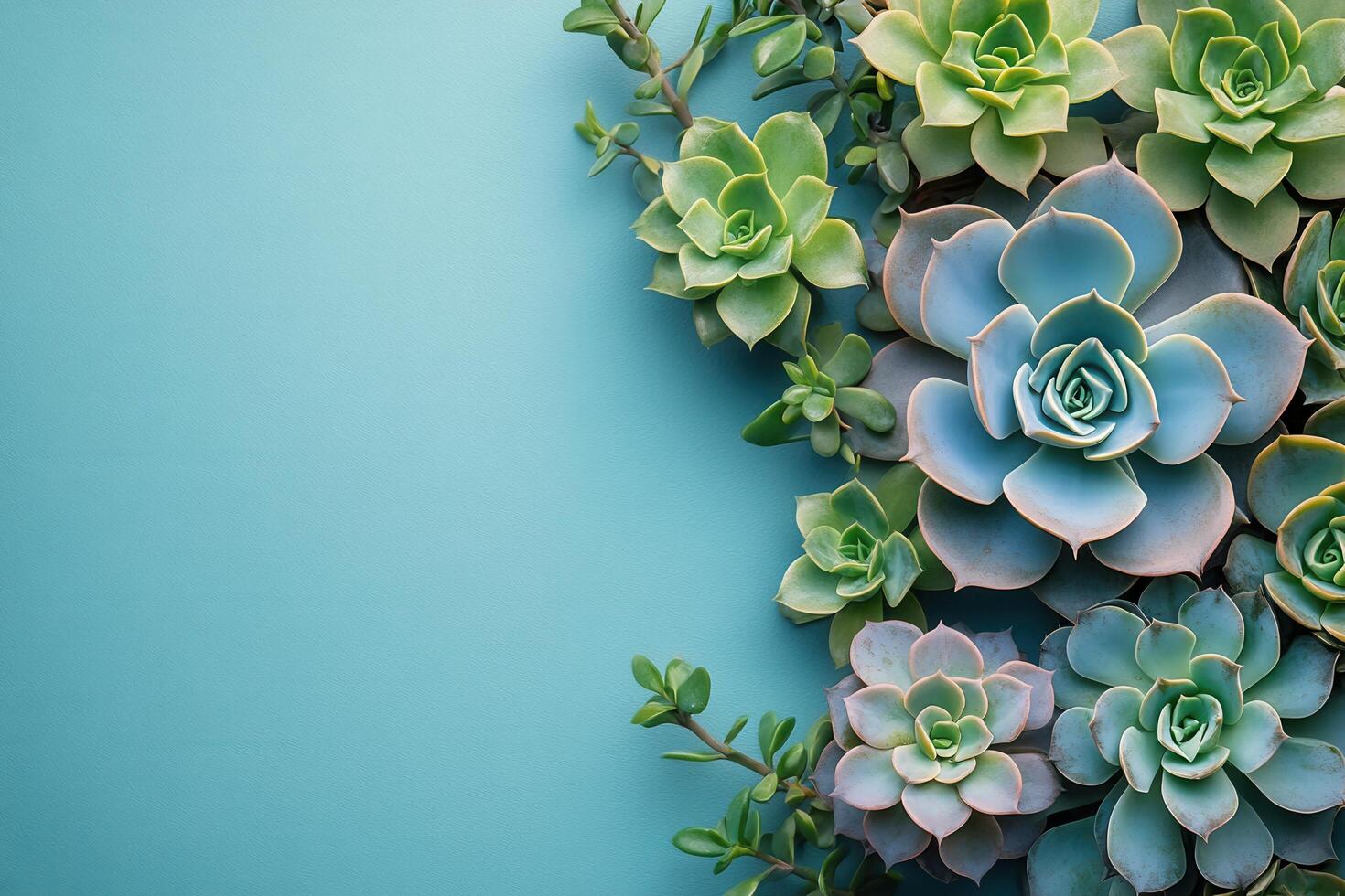 Beautiful Succulent Plants Arrangement on Turquoise Background with Copy Space photo