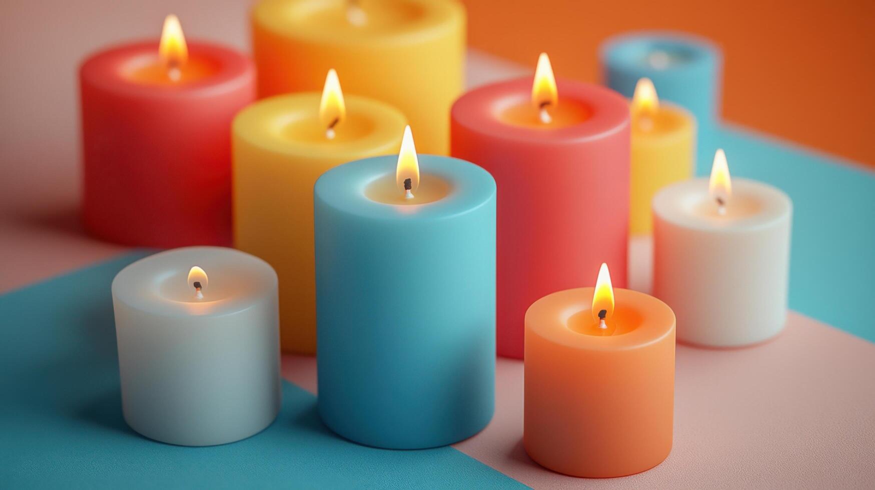 Colorful Assorted Candles with Flames on a Geometric Background in Warm and Cool Tones photo