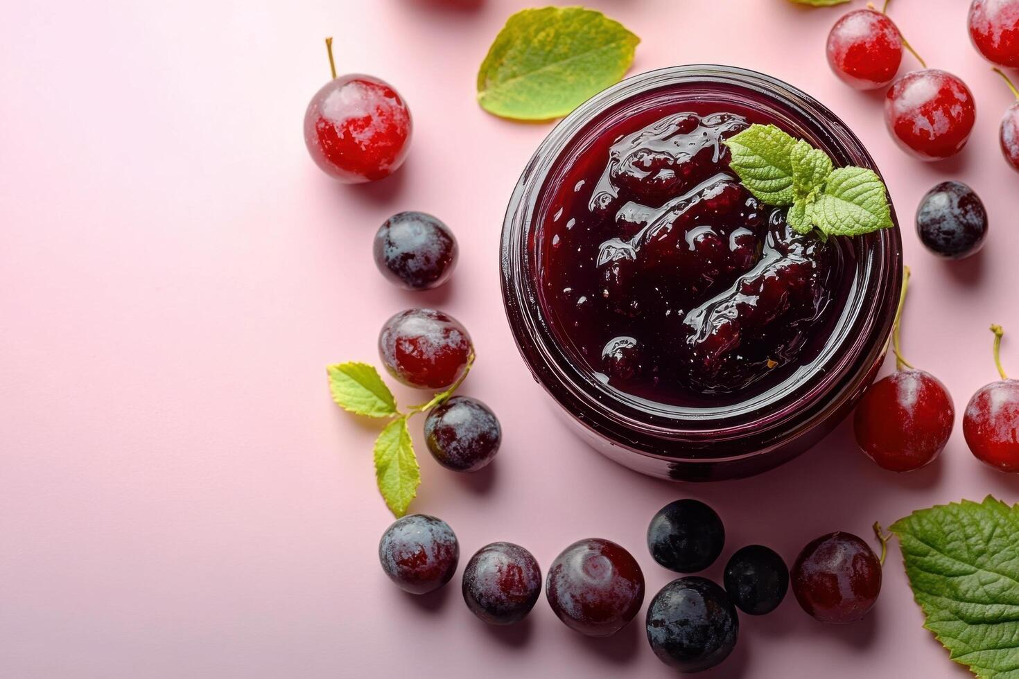 Fresh Homemade Grape Jam in a Jar with Grapes and Leaves on a Pink Background photo