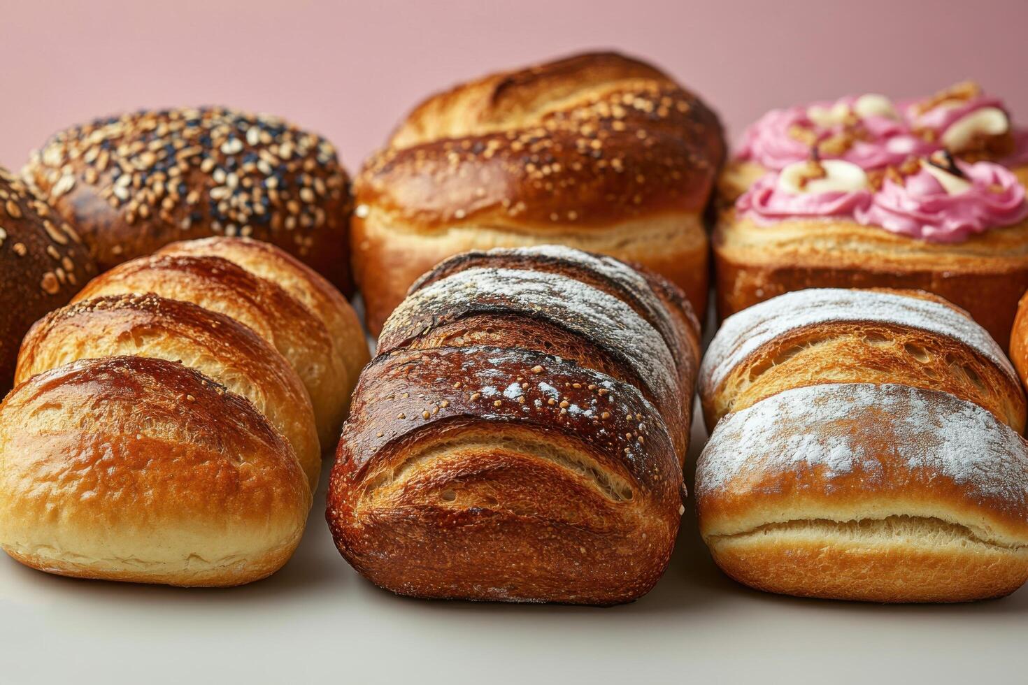Freshly Baked Artisan Bread Loaves Assorted Varieties on Display with Pink Background photo