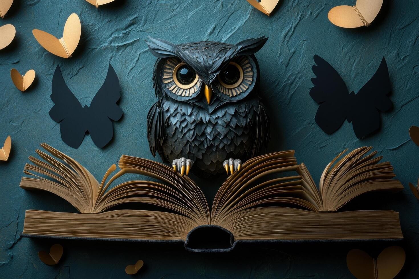 Intricate Paper Art of an Owl on an Open Book with Heart and Butterfly Cutouts on a Textured Background photo