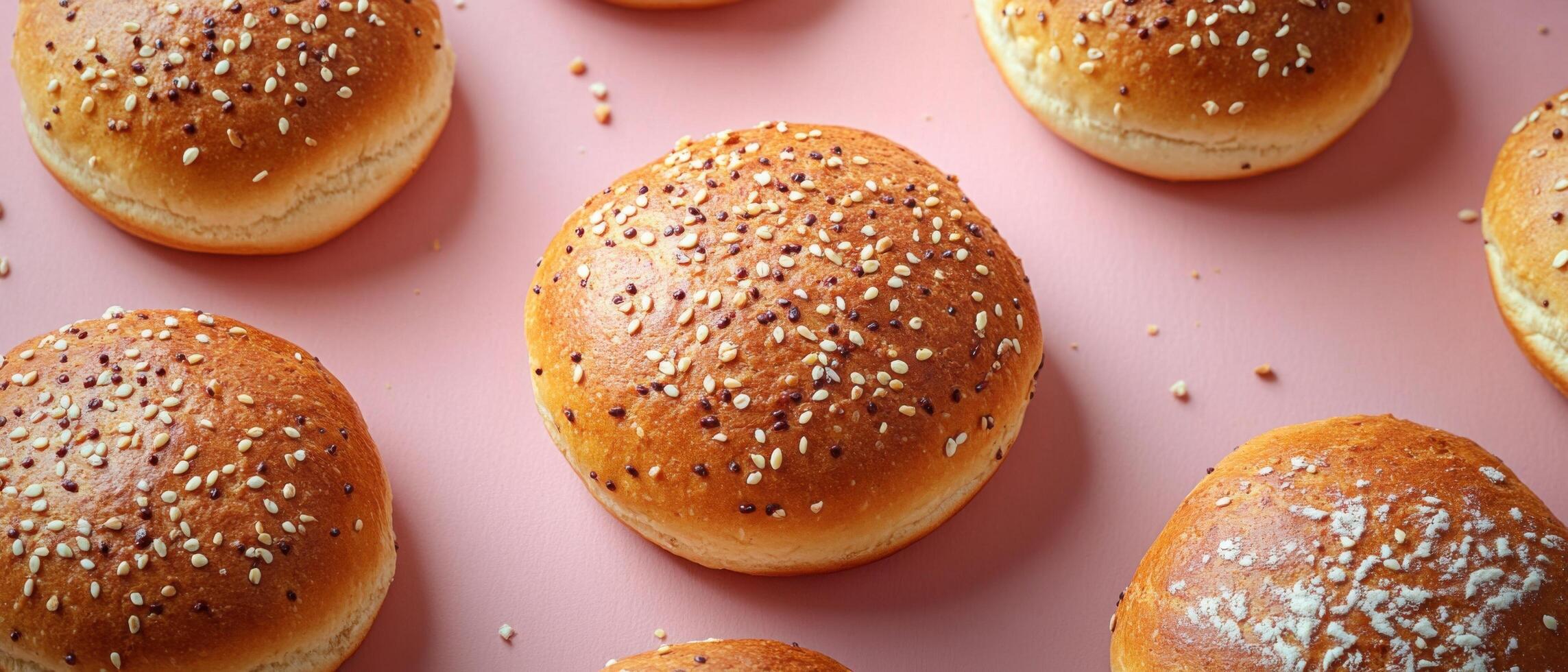 Freshly Baked Sesame Seed Hamburger Buns on Pink Background - Perfect for Food and Bakery Themes photo