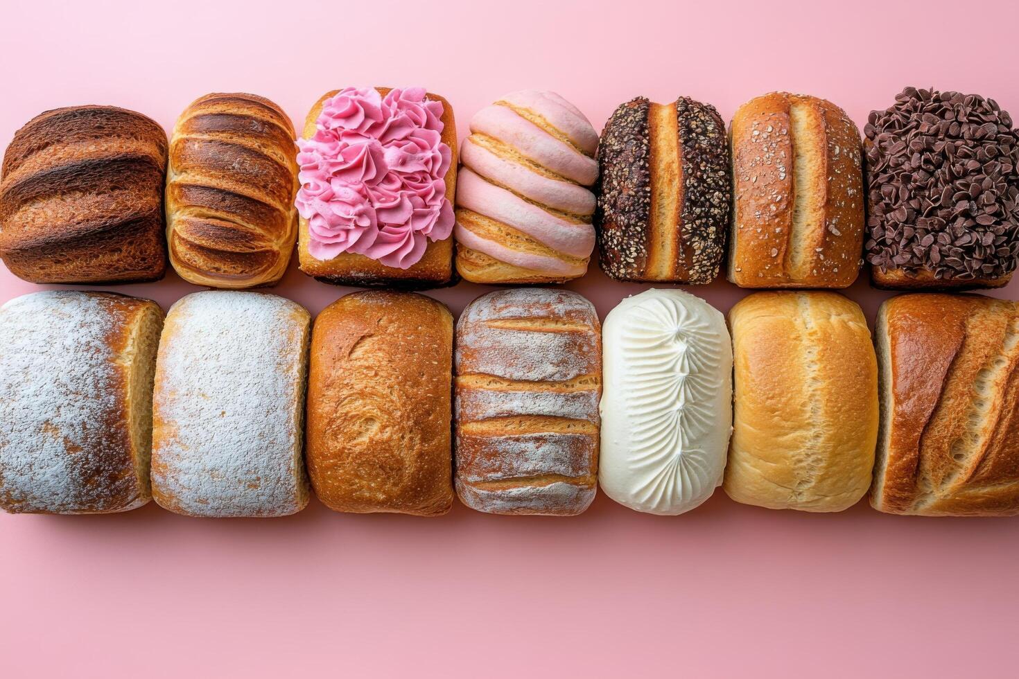 Assorted Artisan Bread Loaves on Pink Background - Variety of Freshly Baked Bread with Different Toppings and Textures photo
