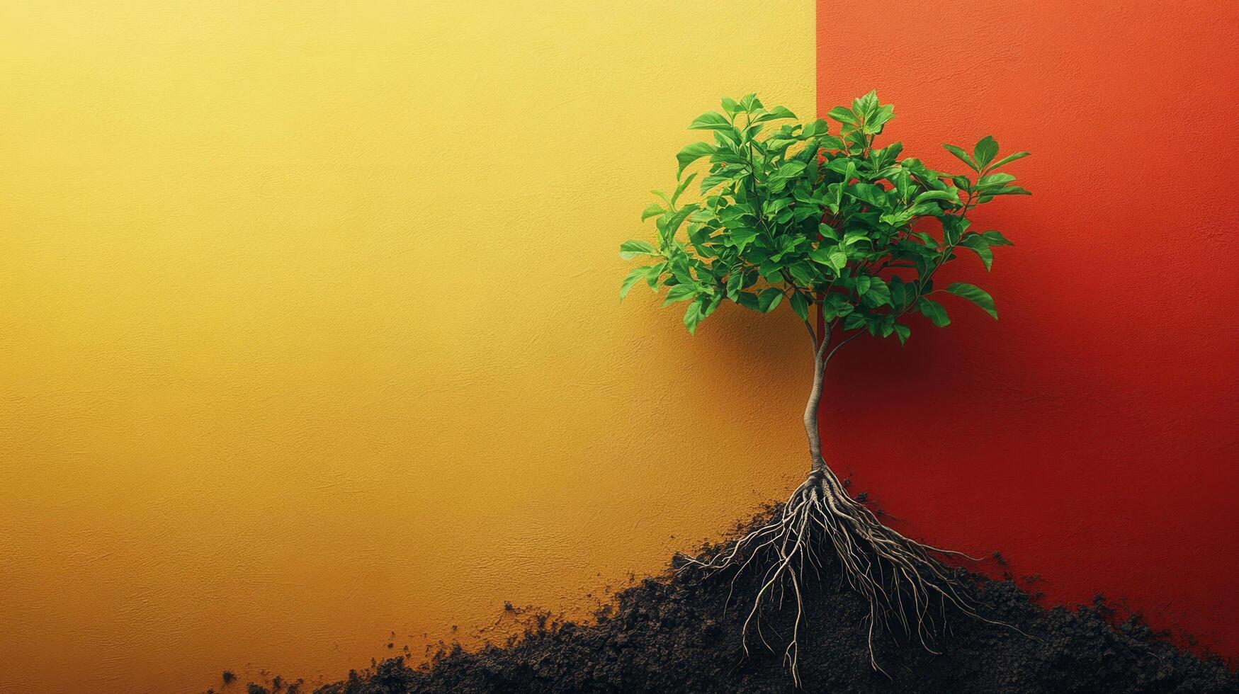 Small Green Plant with Exposed Roots Against Vibrant Yellow and Red Background photo
