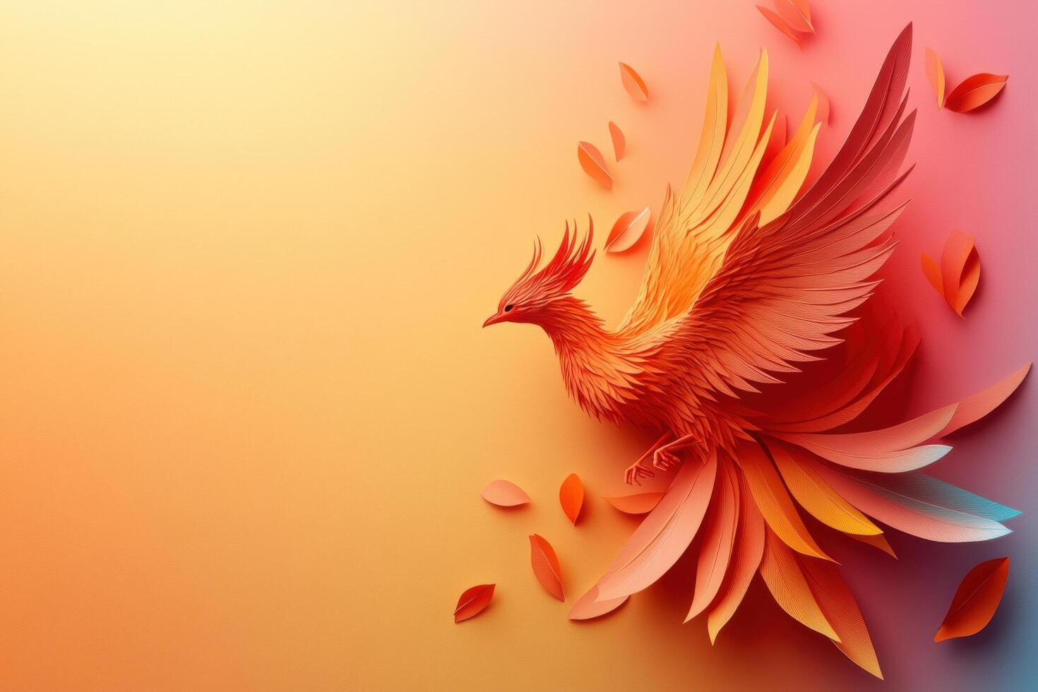 Vibrant Paper Art Phoenix on Gradient Background with Falling Leaves in Warm Tones photo