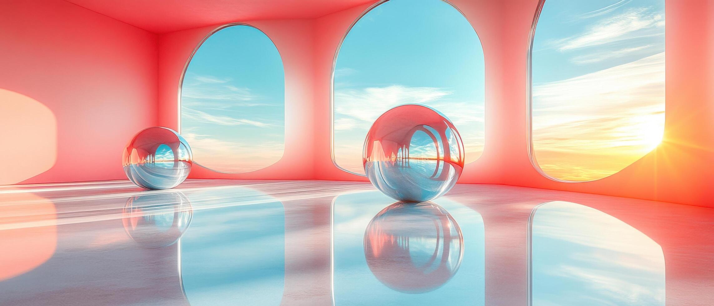 Modern Minimalist Interior with Large Windows and Reflective Spheres at Sunset photo