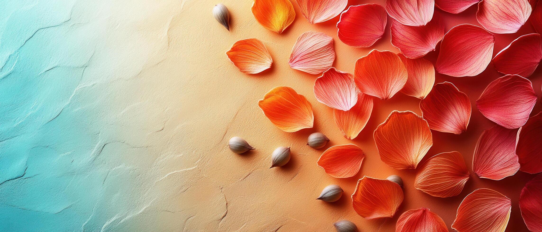 Vibrant Petals and Seeds on Textured Background with Gradient Colors of Blue and Orange photo