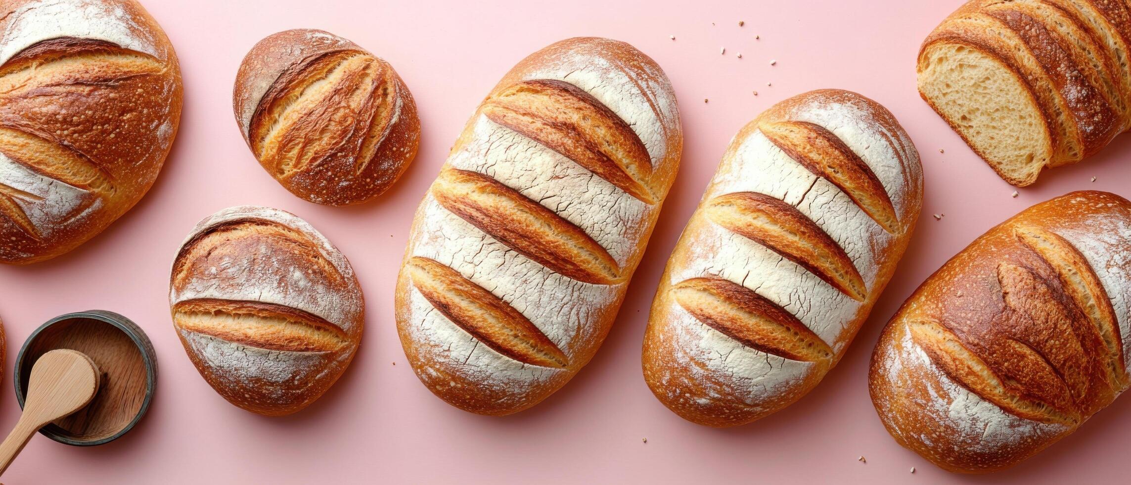 Freshly Baked Artisan Bread Loaves on Pink Background with Wooden Spoon and Flour Dusting photo