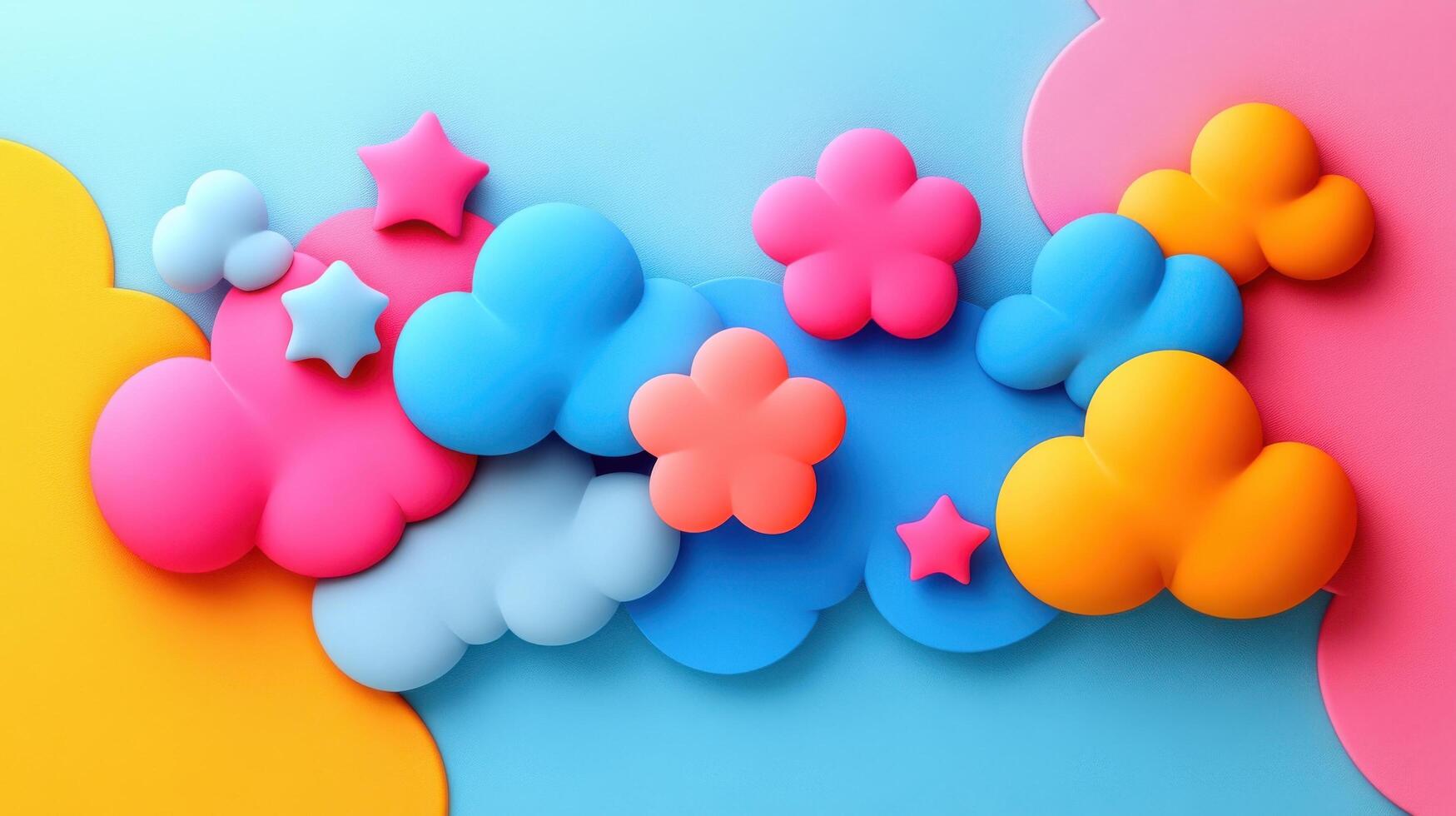 Colorful Abstract 3D Shapes on Pastel Background - Vibrant and Playful Design with Clouds, Stars, and Flowers photo