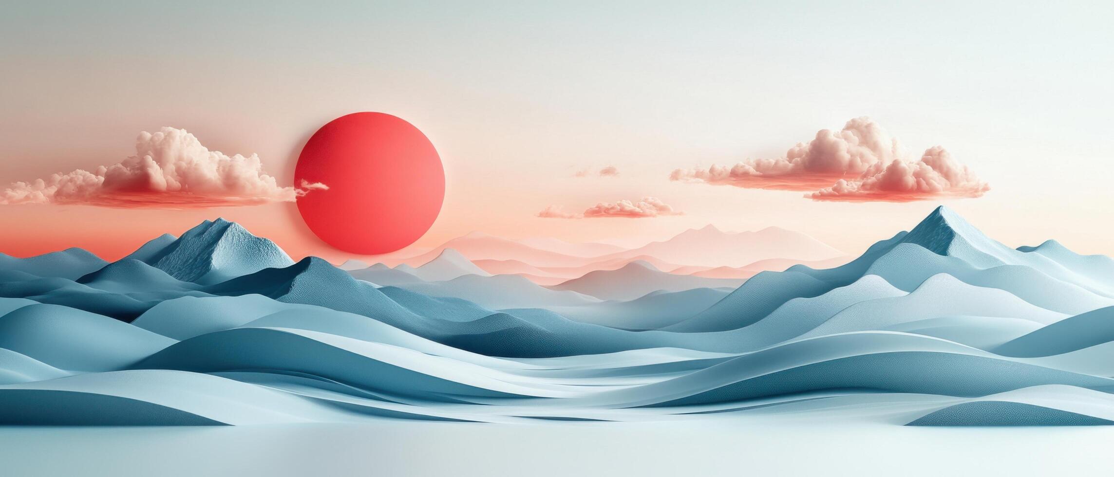 Surreal Landscape with Red Sun and Blue Mountains Under a Pink Sky with Clouds photo