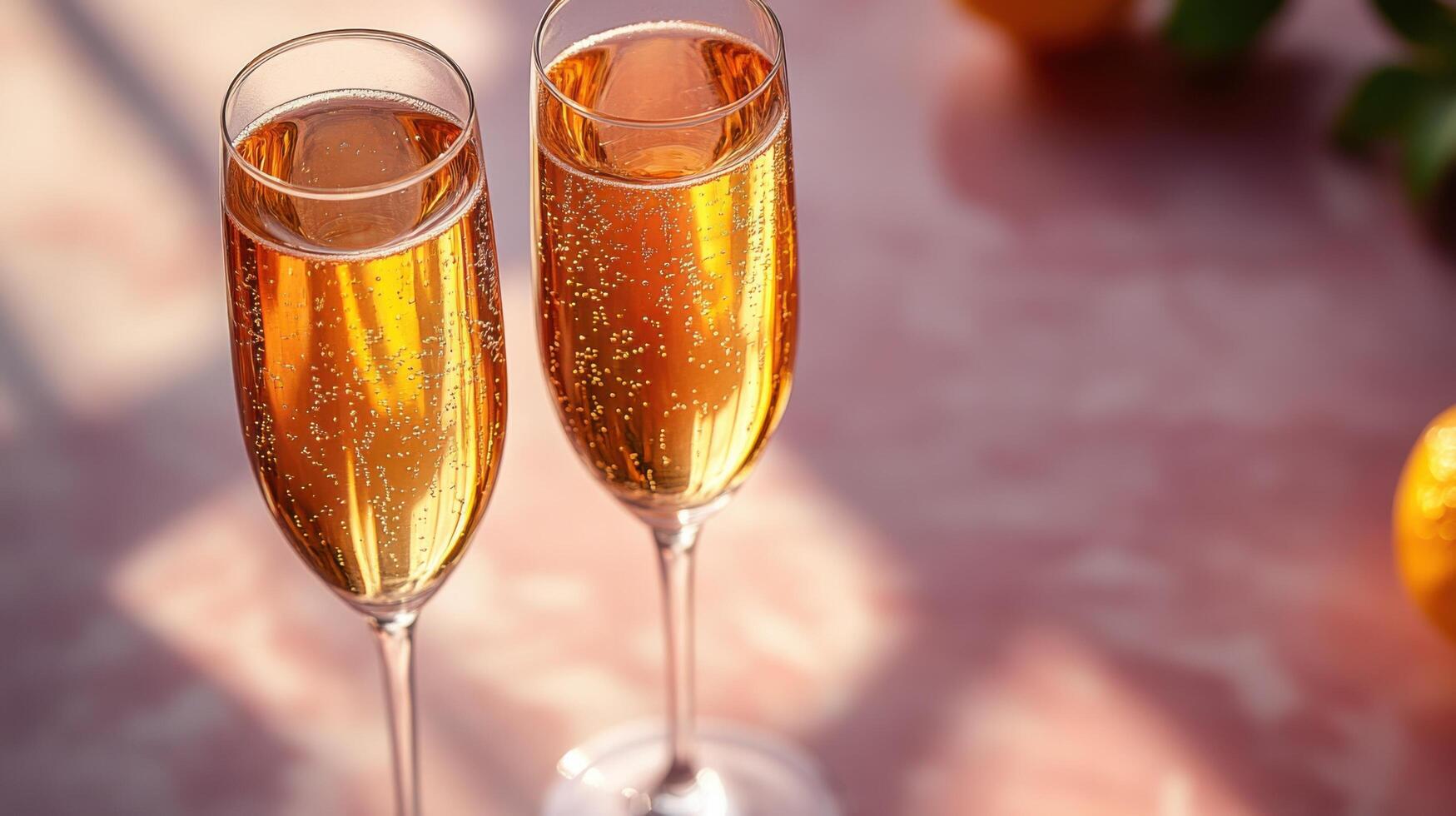 Elegant Close-Up of Two Champagne Glasses with Sparkling Wine on a Sunlit Marble Surface photo