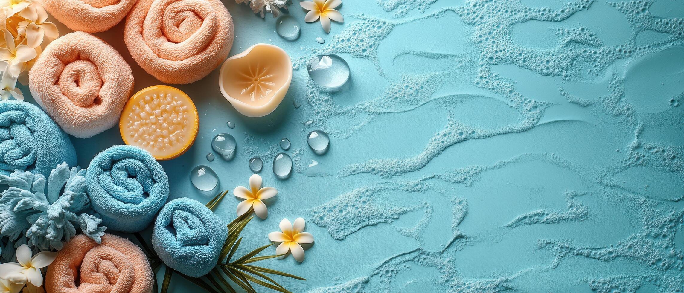 Spa and Wellness Background with Rolled Towels, Soap, Flowers, and Water Droplets on Blue Surface photo
