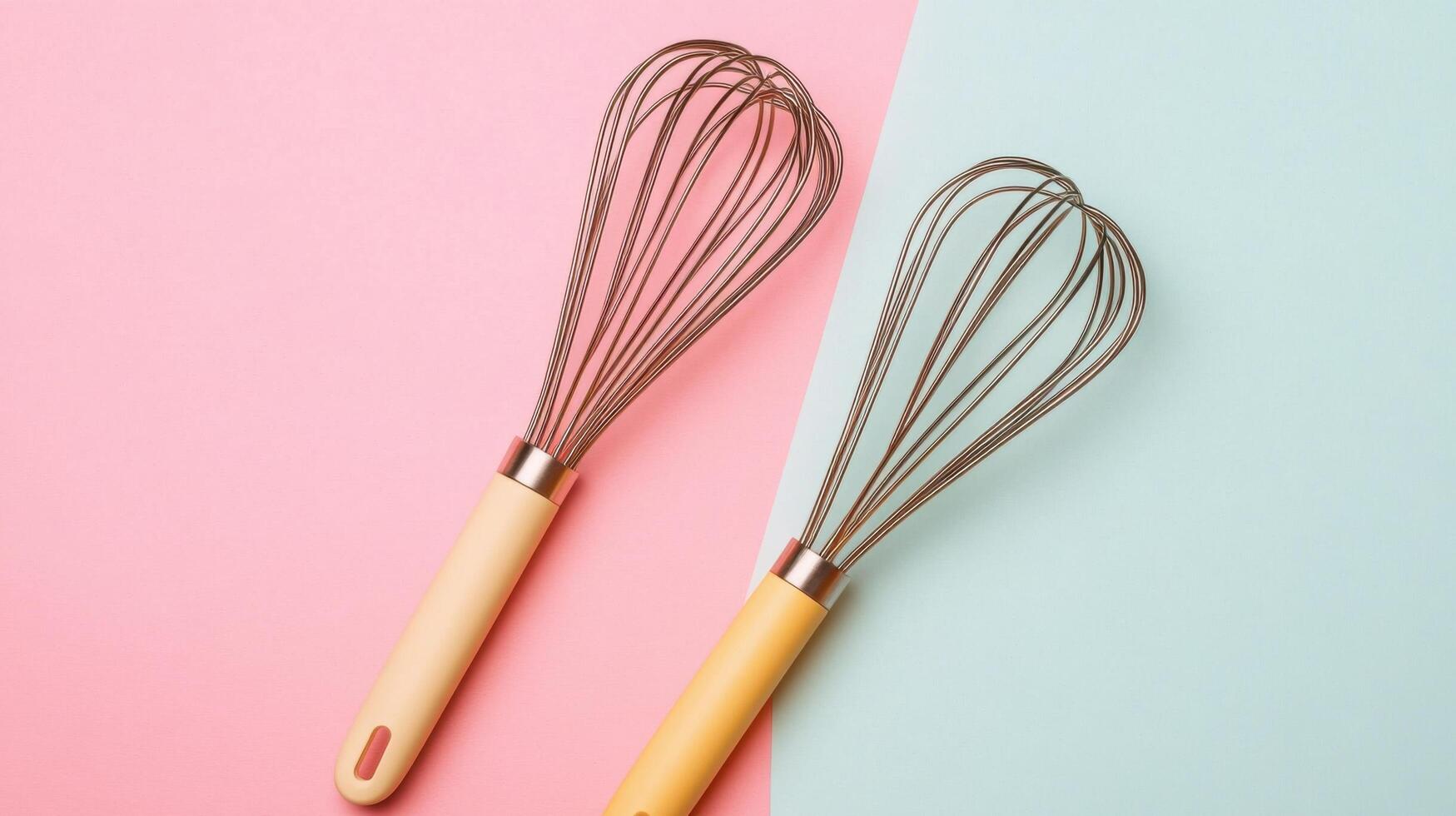 Two Modern Whisks on Pastel Pink and Blue Background - Minimalist Kitchen Utensils photo