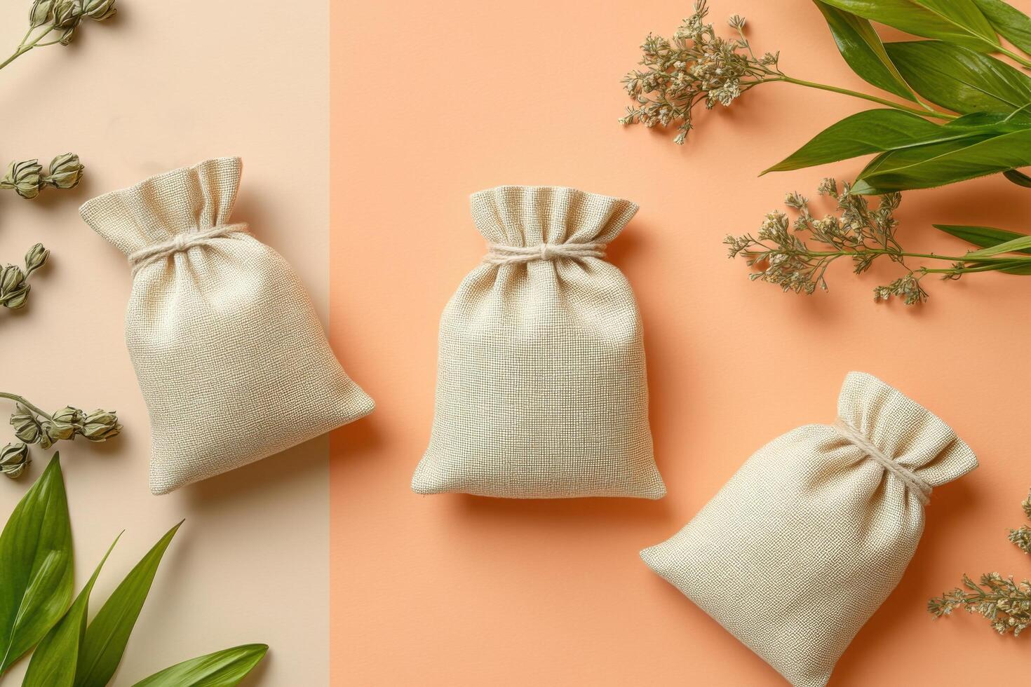 Eco-Friendly Fabric Pouches with Dried Flowers and Green Leaves on a Pastel Background photo