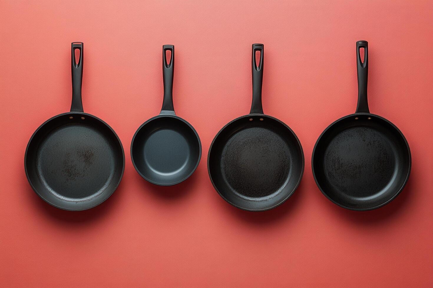 Set of Four Black Frying Pans on Red Background - Modern Cookware Collection for Kitchen and Culinary Use photo