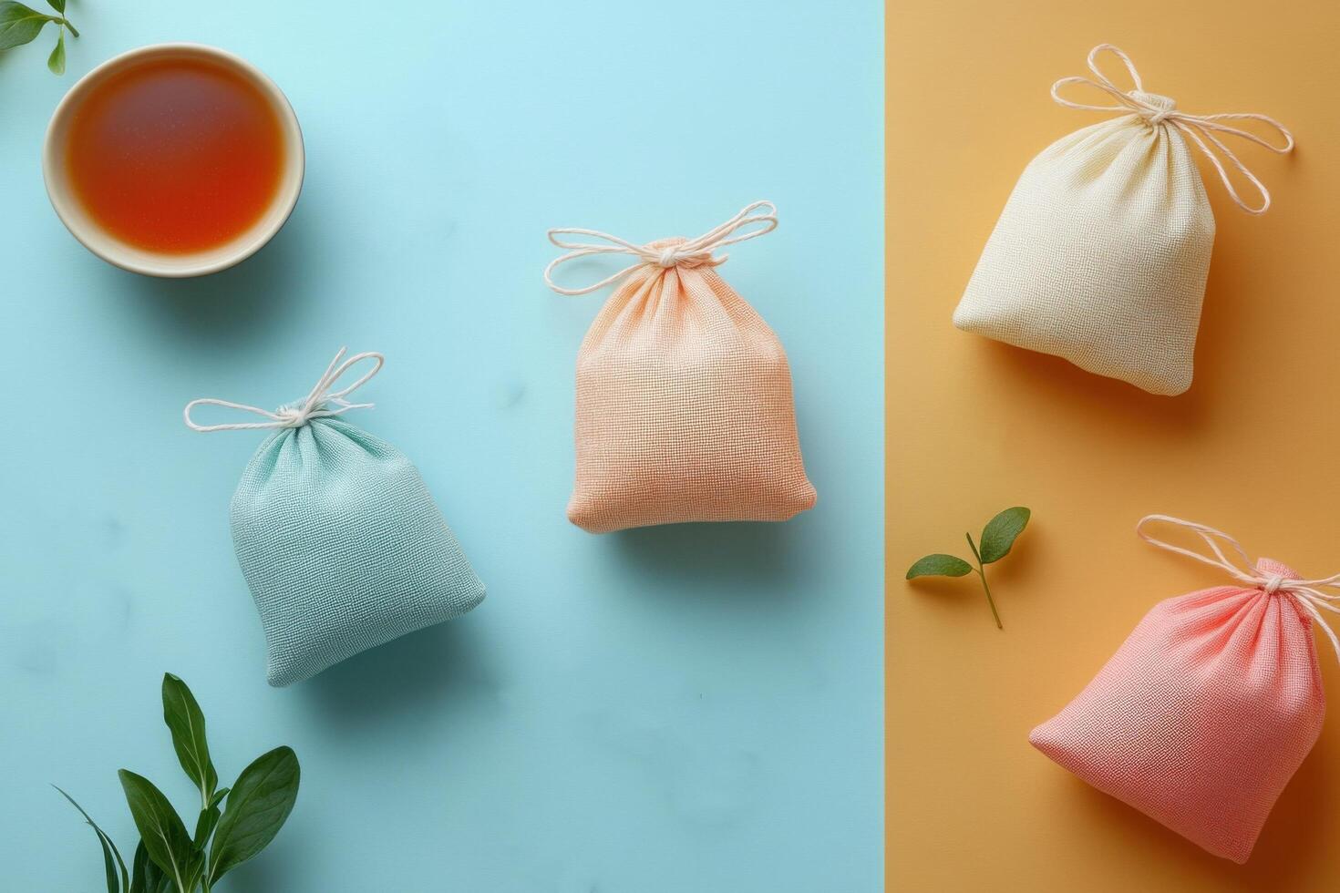 Colorful Sachets with Herbal Tea on Pastel Backgrounds - Aromatherapy and Wellness Concept photo