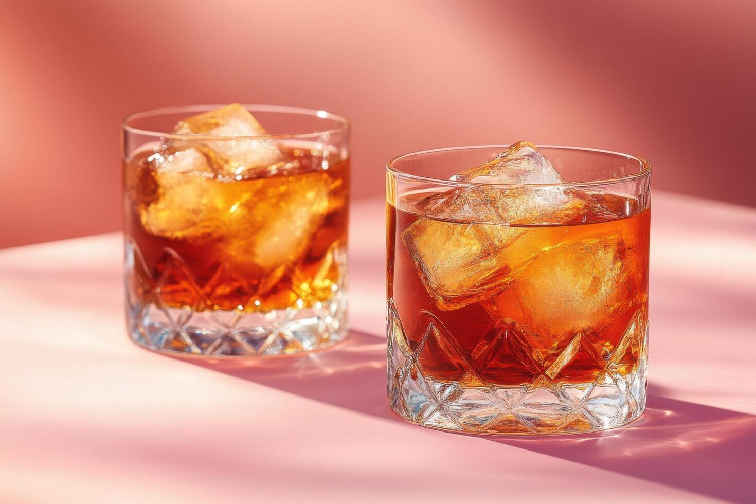 Two Glasses of Whiskey with Ice Cubes on a Pink Background in Warm Sunlight photo