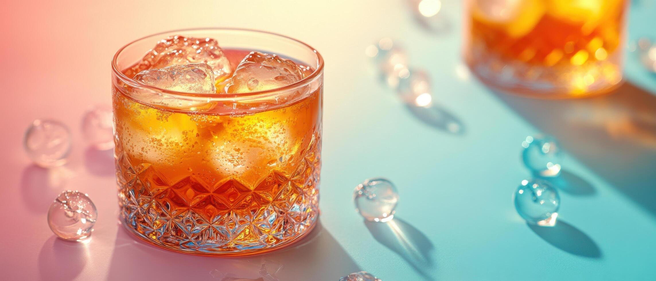Refreshing Iced Beverage in Crystal Glass with Colorful Background and Ice Cubes photo