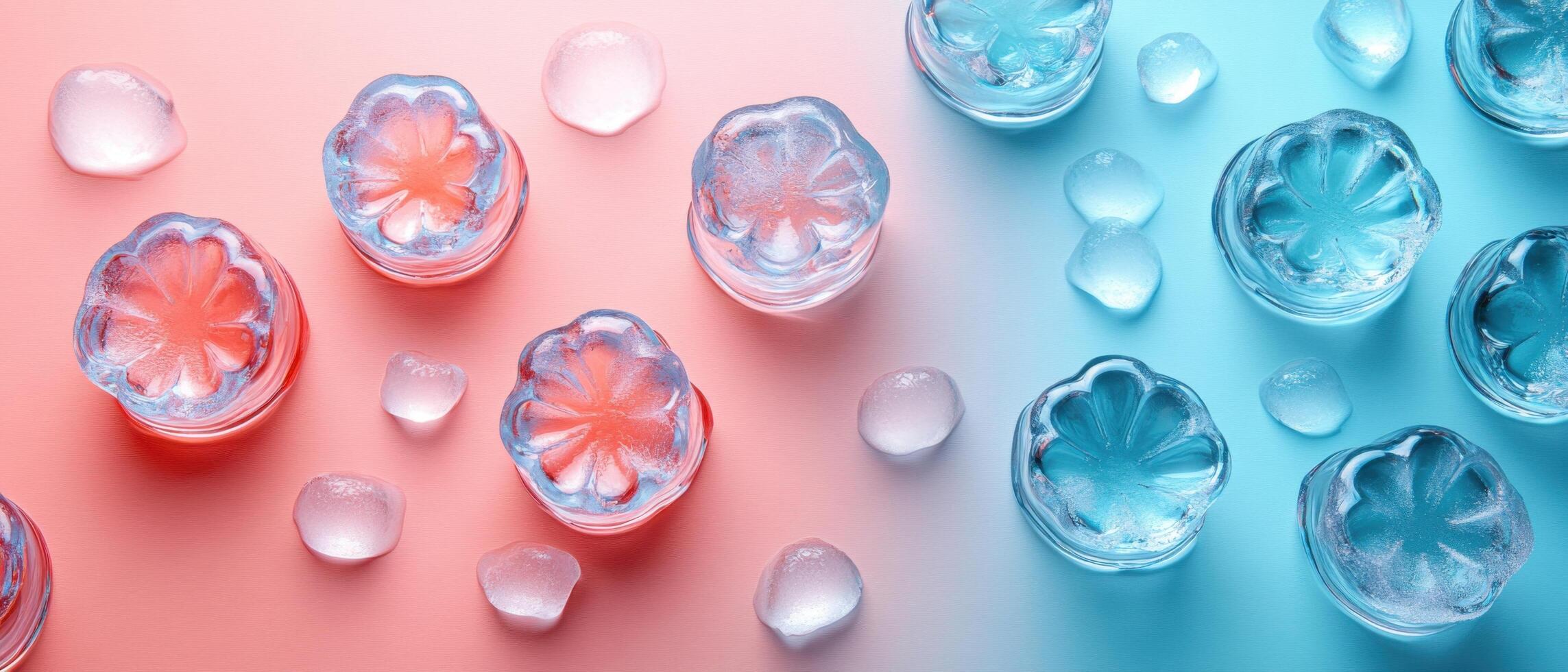 Colorful Floral Ice Cubes on Pink and Blue Background with Scattered Ice Pieces photo