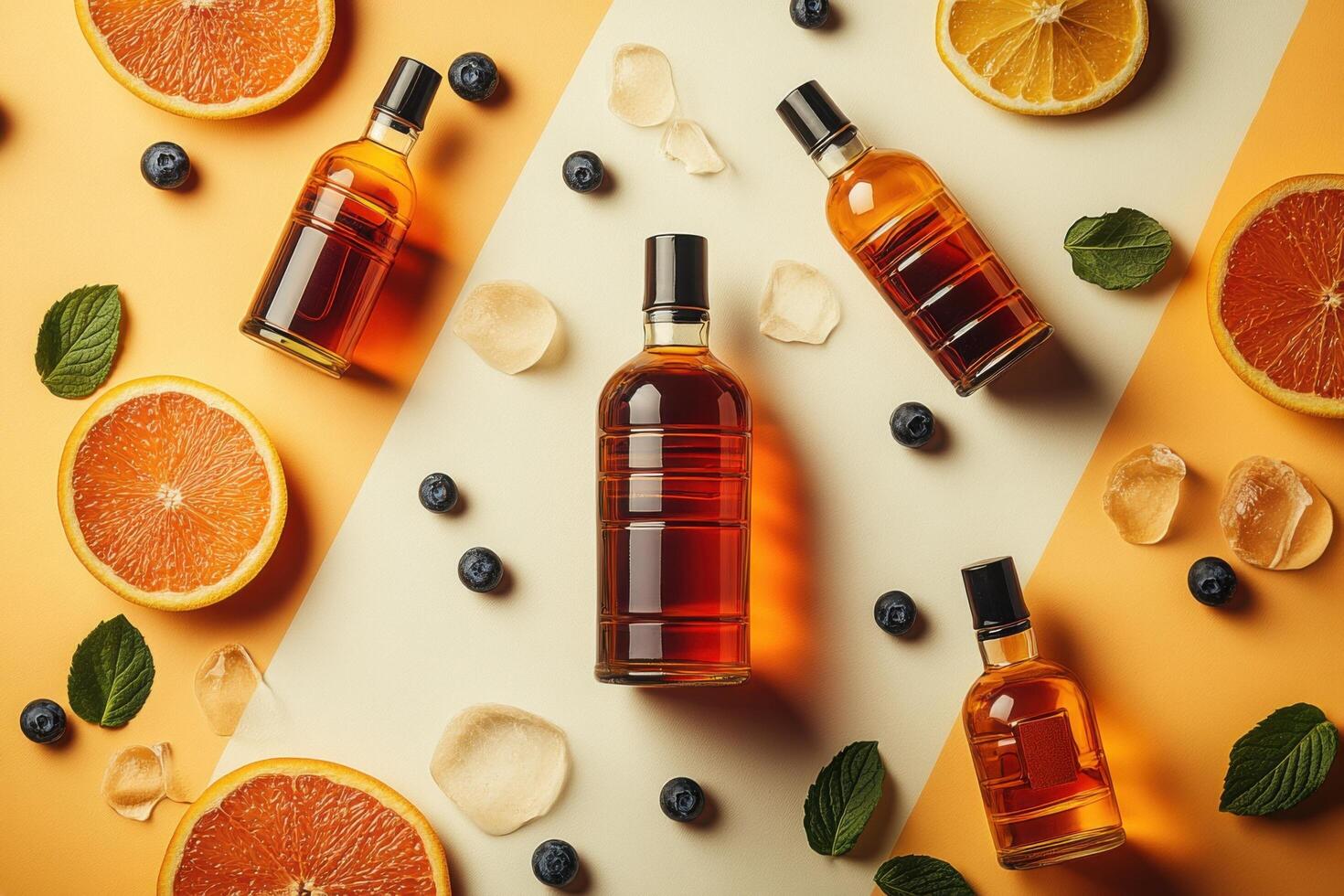 Flat Lay of Whiskey Bottles with Citrus Slices, Blueberries, Ice Cubes, and Mint Leaves on a Two-Tone Background photo