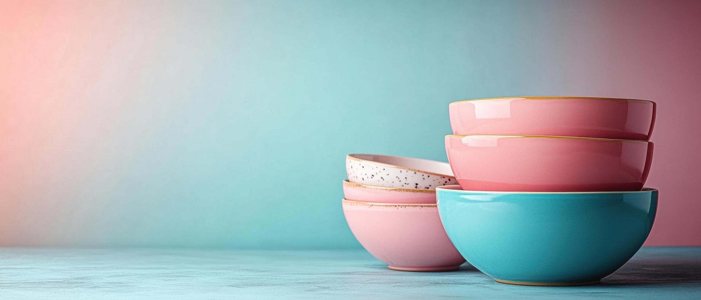 Colorful Ceramic Bowls Stacked Against a Gradient Background with Soft Lighting photo